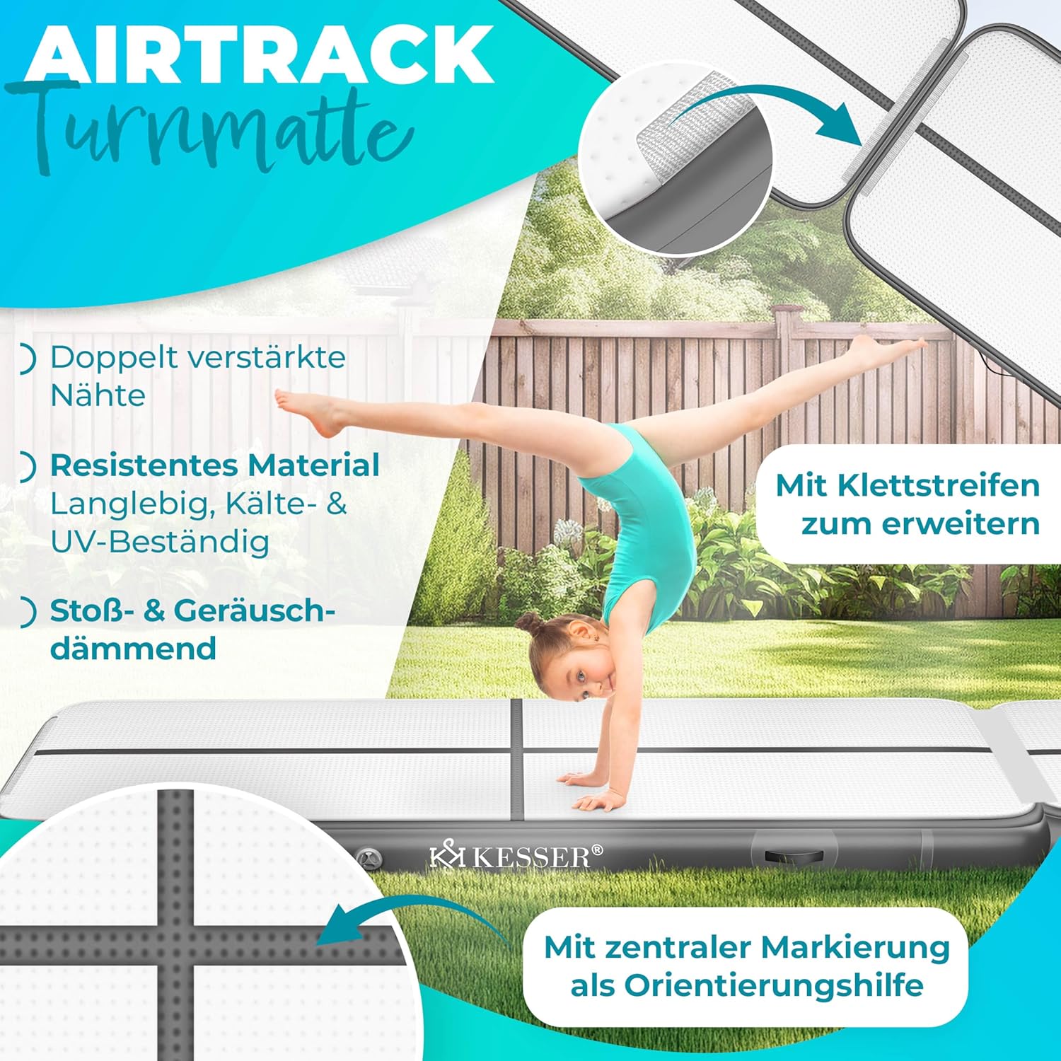 KESSER® Turnmatte Aufblasbar Airtrack 2m/3m/4m/5m/6m Fitness-Matte Gymnastikmatte | inkl. Tragetasche & elektr. Luftpumpe | Yogamatte, Tumbling Matten, Trainingsmatte, Turn- & Fitness — Ansicht 2