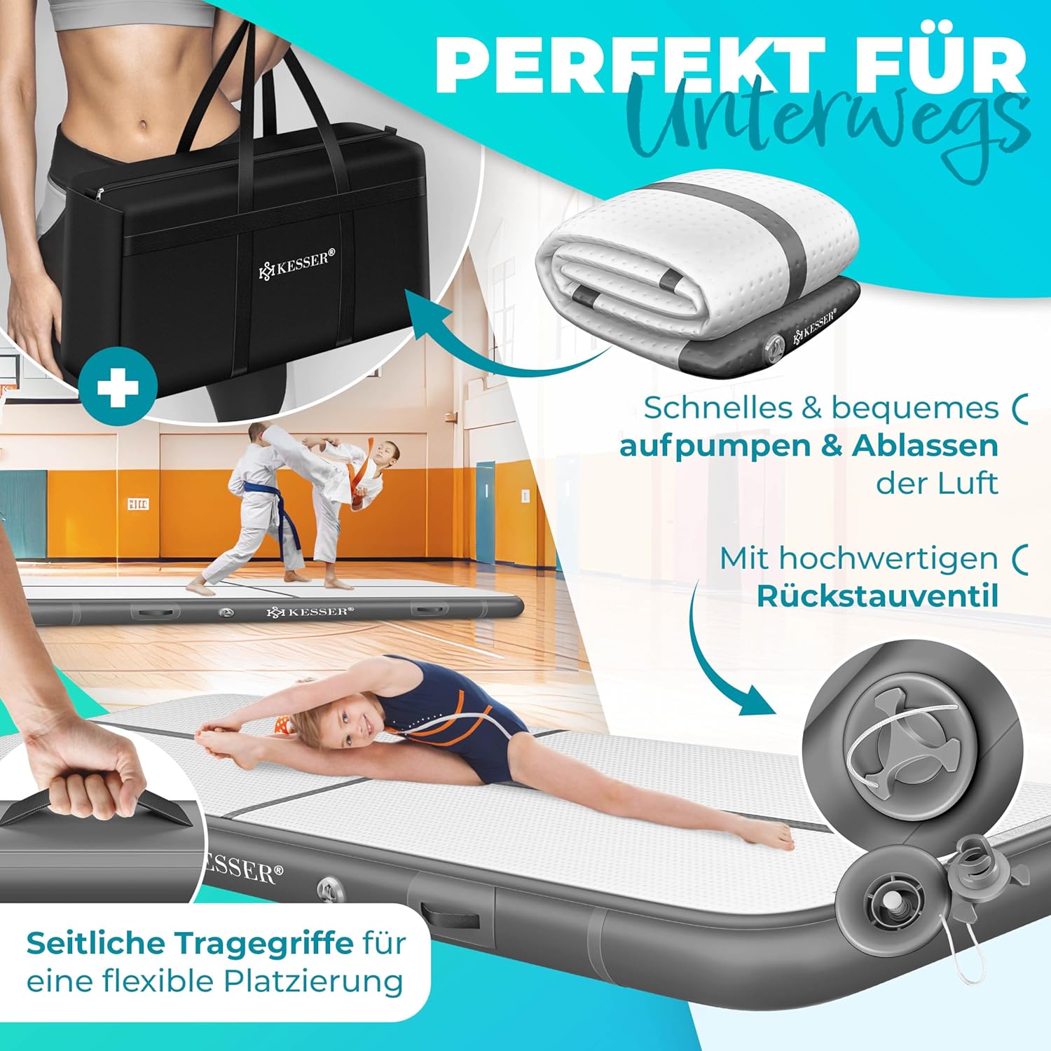 KESSER® Turnmatte Aufblasbar Airtrack 2m/3m/4m/5m/6m Fitness-Matte Gymnastikmatte | inkl. Tragetasche & elektr. Luftpumpe | Yogamatte, Tumbling Matten, Trainingsmatte, Turn- & Fitness — Ansicht 5