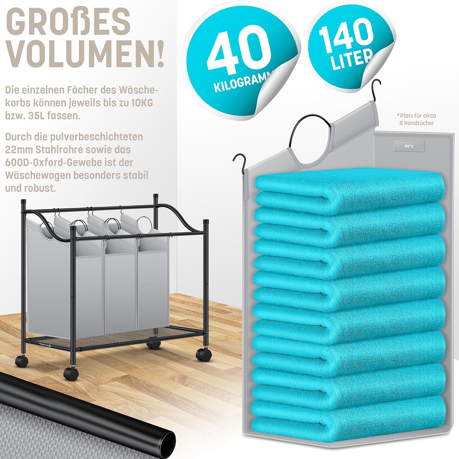 KESSER® Wäschekorb Wäschesammler Wäschesortierer mit 4 abnehmbaren Stofftaschen | 4 Fächer x 35 Liter | Wäschebox mit 12 Waschhinweisen 360° Rollen mit Bremse Wäsche-Sortiersystem Wäschewagen Grau — Ansicht 3