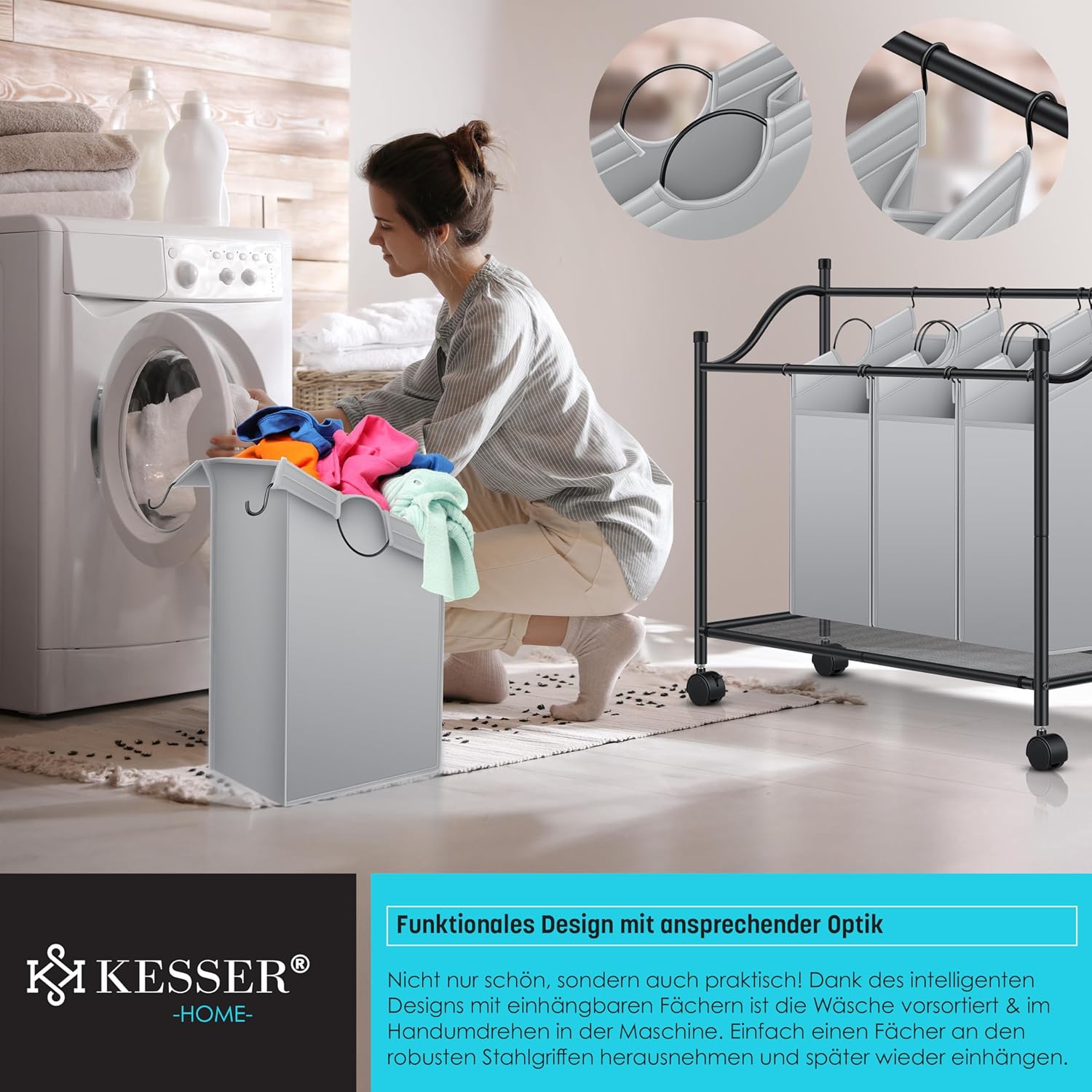 KESSER® Wäschekorb Wäschesammler Wäschesortierer mit 4 abnehmbaren Stofftaschen | 4 Fächer x 35 Liter | Wäschebox mit 12 Waschhinweisen 360° Rollen mit Bremse Wäsche-Sortiersystem Wäschewagen Grau — Ansicht 5