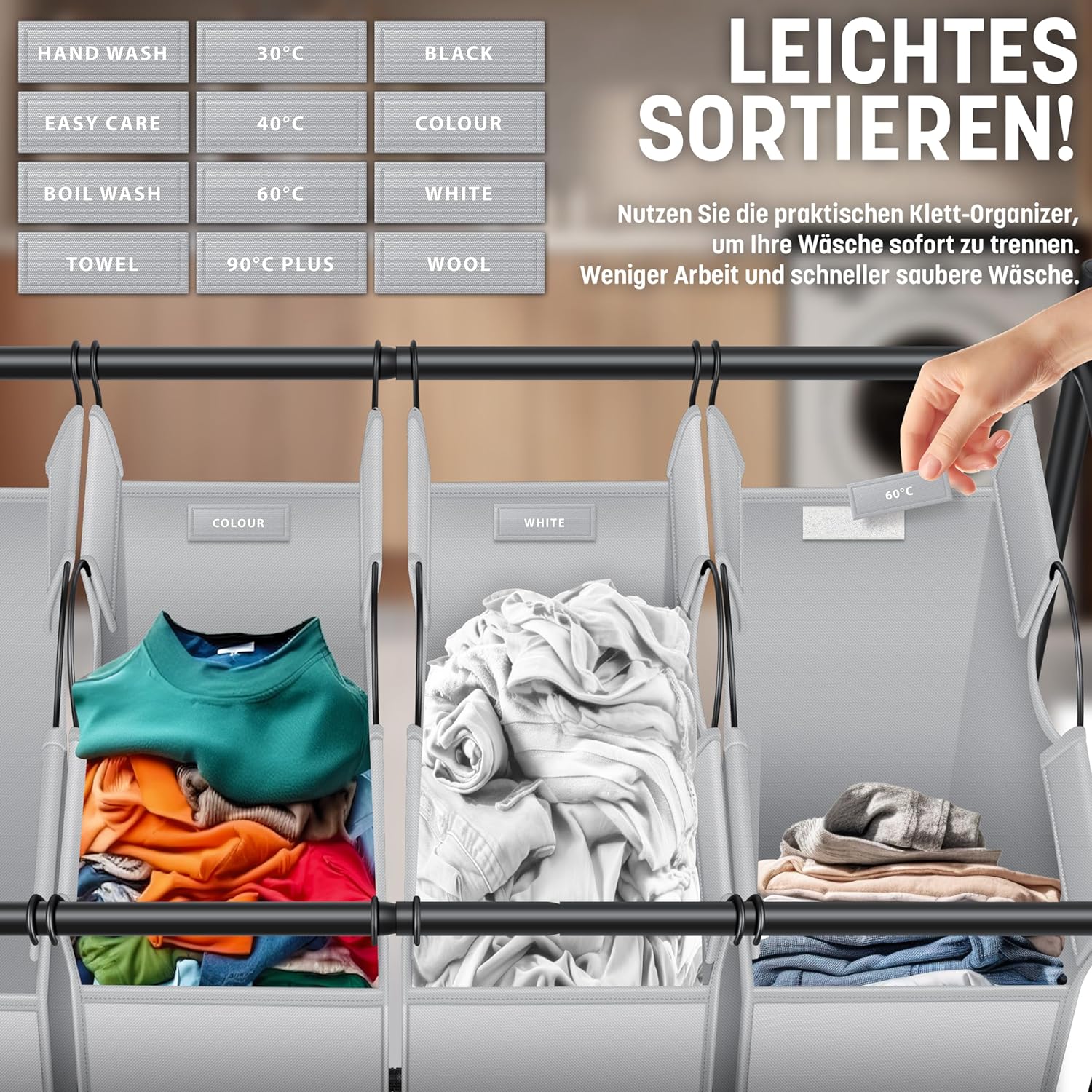 KESSER® Wäschekorb Wäschesammler Wäschesortierer mit 4 abnehmbaren Stofftaschen | 4 Fächer x 35 Liter | Wäschebox mit 12 Waschhinweisen 360° Rollen mit Bremse Wäsche-Sortiersystem Wäschewagen Grau — Ansicht 6