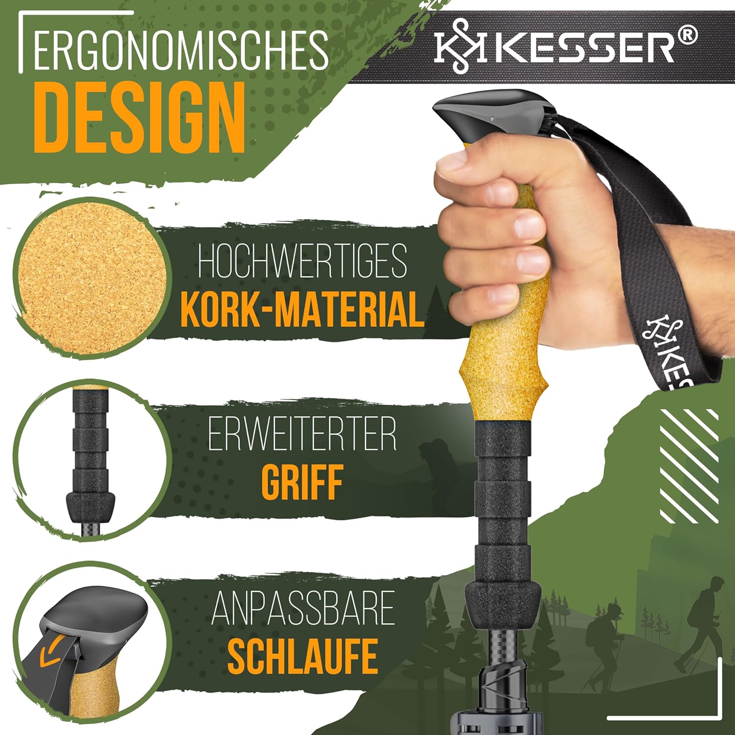KESSER® Wanderstöcke Aluminium oder Carbon mit Korkgriff | Nordic Walking Stöcke für Damen & Herren faltbar oder Teleskop Trekkingstöcke zum Wandern, Trekking, Skitour & Bergsport inkl. Camping-Licht — Ansicht 5
