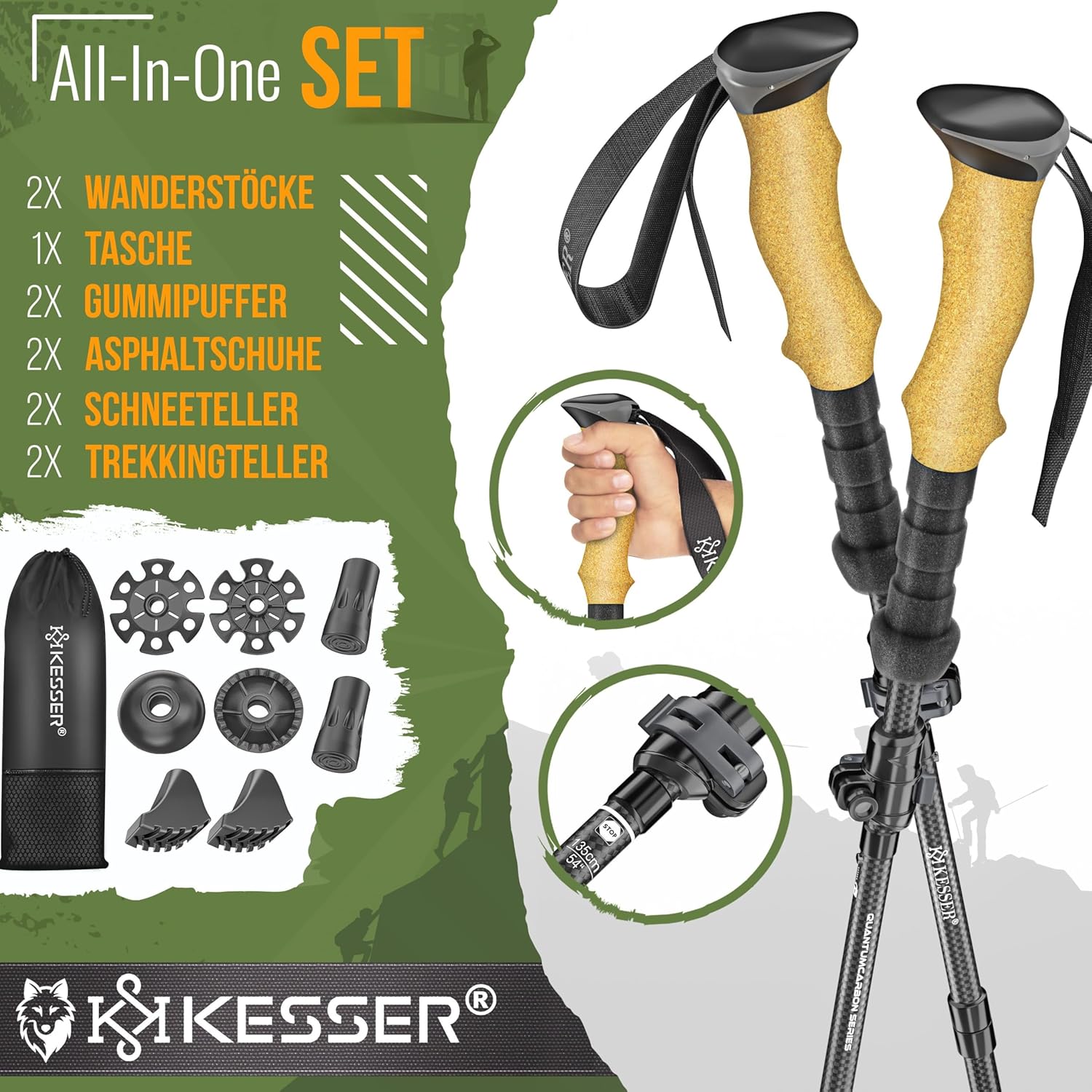 KESSER® Wanderstöcke Aluminium oder Carbon mit Korkgriff | Nordic Walking Stöcke für Damen & Herren faltbar oder Teleskop Trekkingstöcke zum Wandern, Trekking, Skitour & Bergsport inkl. Camping-Licht — Ansicht 6