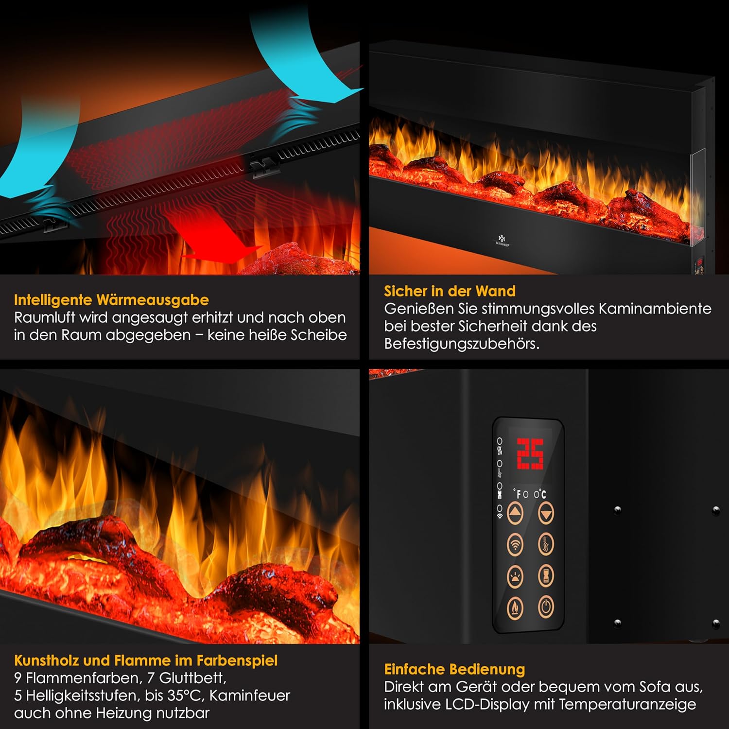 KESSER® Wandkamin Elektrokamin 3D Elektrischer 138cm Kamin mit Heizung 9 Farbmodi LED Flammeneffekt, 900/1800 W Kaminofen Wand und Einbaukamin Wandmontage Heizung App-Funktion Fernbedienung schwarz — Ansicht 3