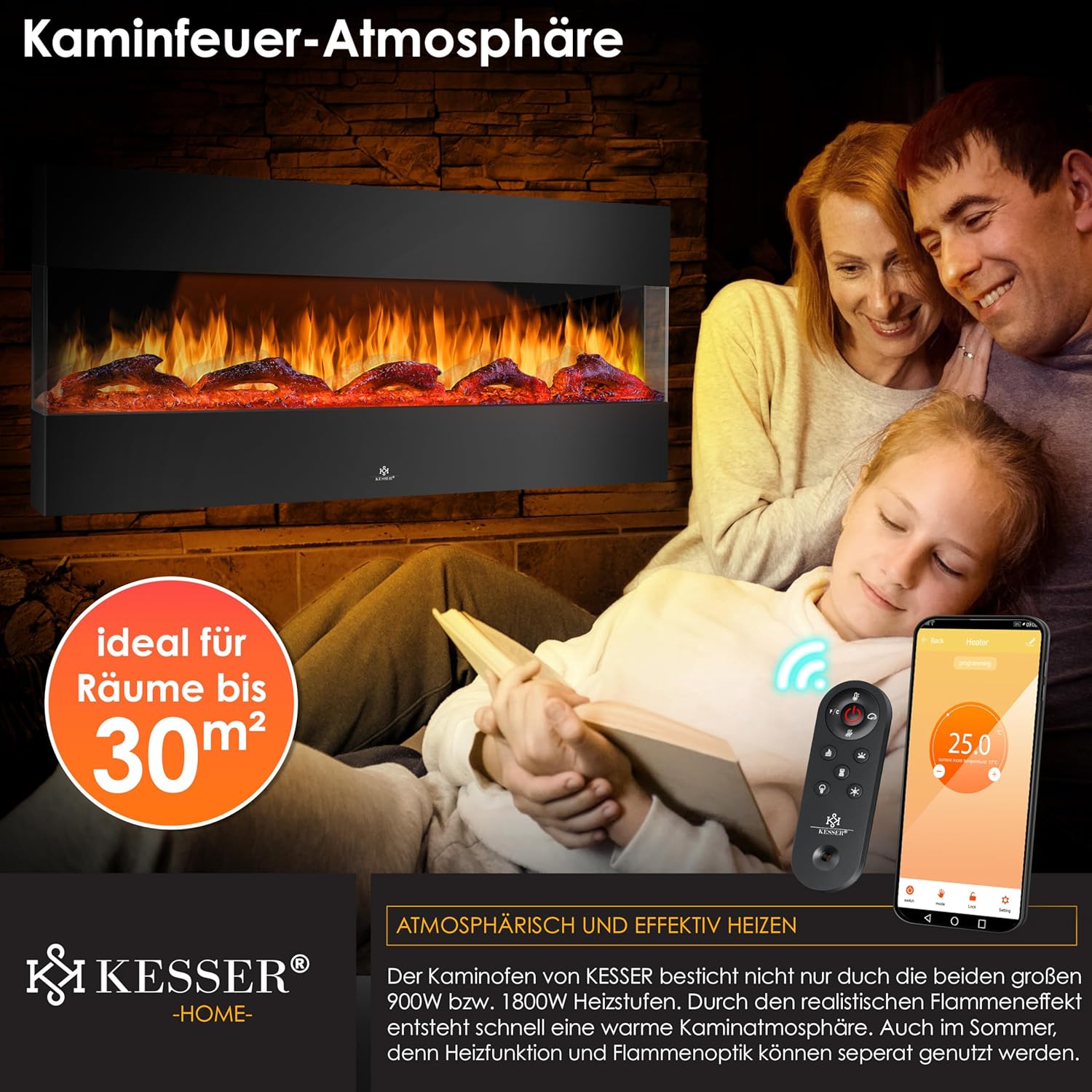 KESSER® Wandkamin Elektrokamin 3D Elektrischer 138cm Kamin mit Heizung 9 Farbmodi LED Flammeneffekt, 900/1800 W Kaminofen Wand und Einbaukamin Wandmontage Heizung App-Funktion Fernbedienung schwarz — Ansicht 4