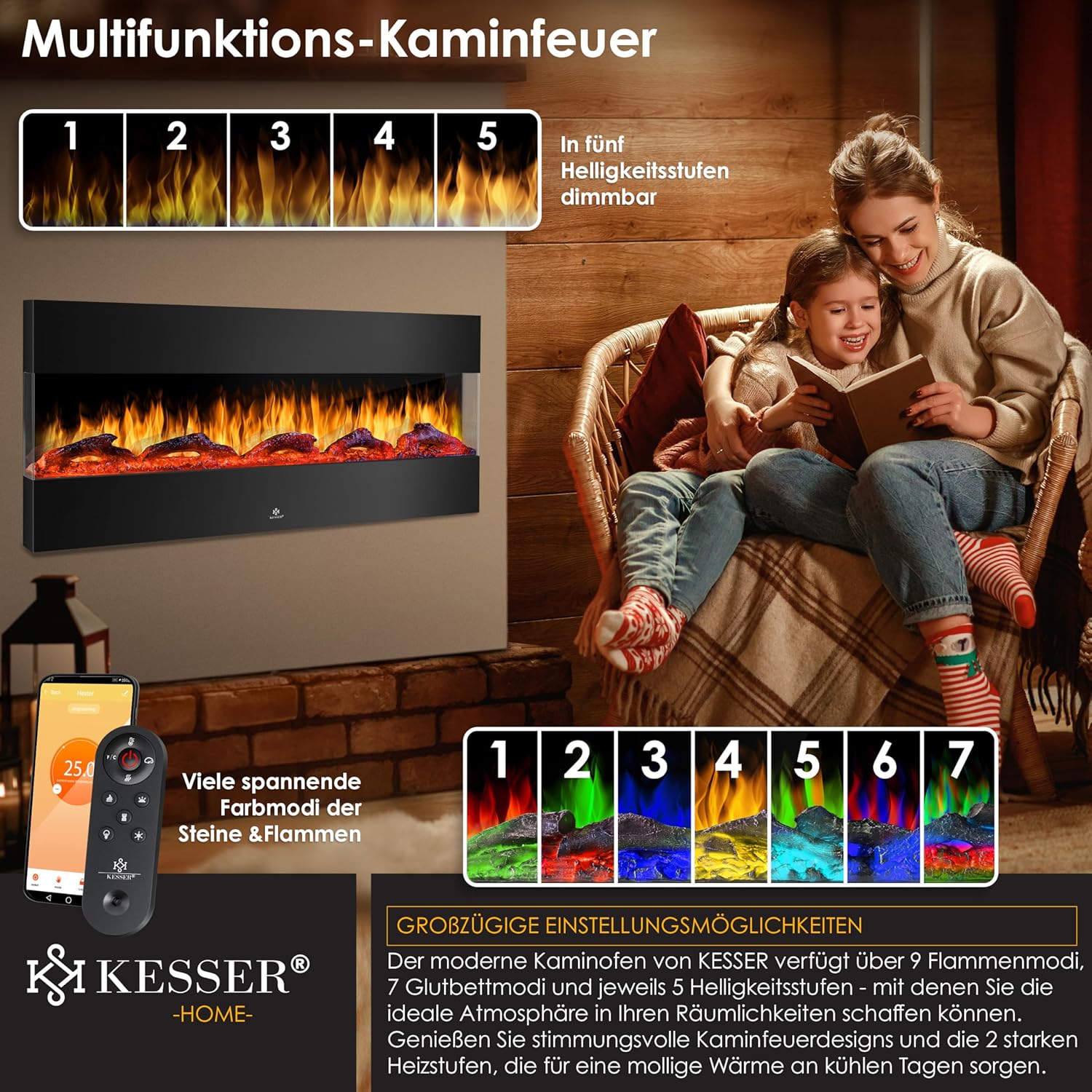 KESSER® Wandkamin Elektrokamin 3D Elektrischer 138cm Kamin mit Heizung 9 Farbmodi LED Flammeneffekt, 900/1800 W Kaminofen Wand und Einbaukamin Wandmontage Heizung App-Funktion Fernbedienung schwarz — Ansicht 6