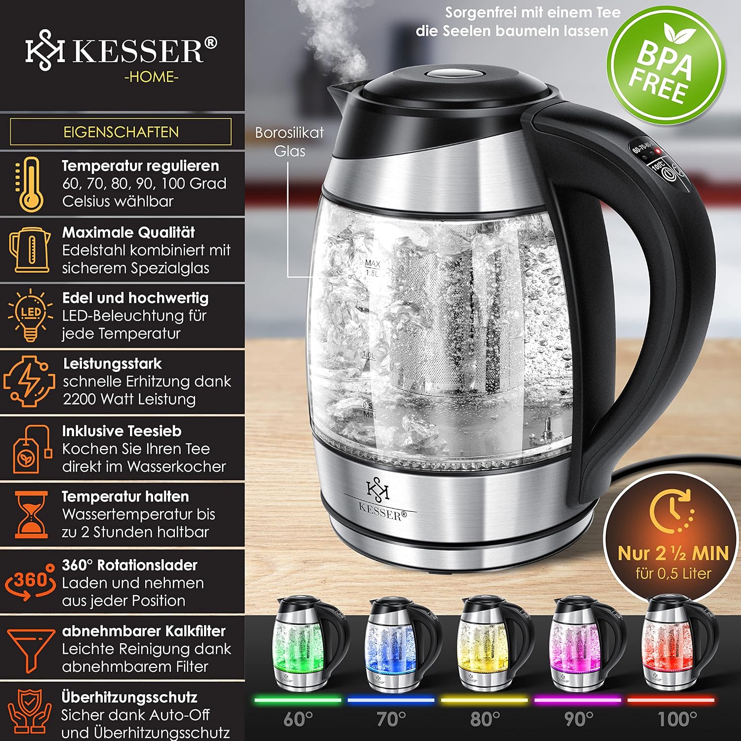 KESSER® Wasserkocher 1,8L Edelstahl mit LED Beleuchtung-Farbe je nach Temperaturwahl 60, 70, 80, 90, 100 °C | Glaswasserkocher, Platzsparend, Warmhaltefunktion inkl. Teesieb-Einsatz und Kalk-Filter — Ansicht 2