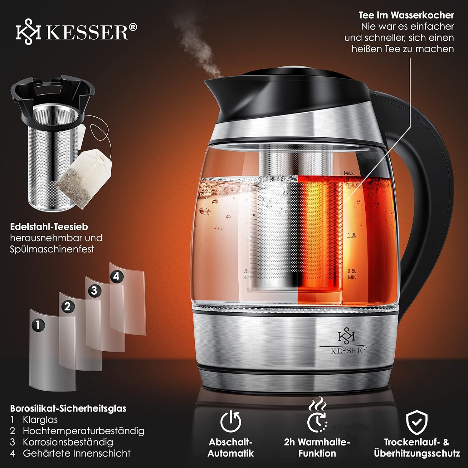KESSER® Wasserkocher 1,8L Edelstahl mit LED Beleuchtung-Farbe je nach Temperaturwahl 60, 70, 80, 90, 100 °C | Glaswasserkocher, Platzsparend, Warmhaltefunktion inkl. Teesieb-Einsatz und Kalk-Filter — Ansicht 4