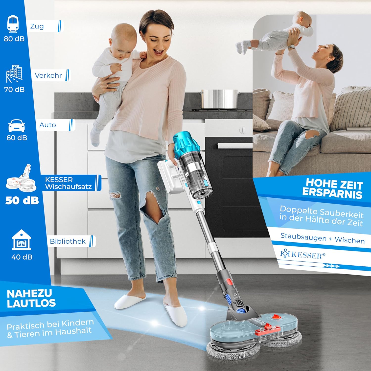 KESSER® Wischaufsatz kompatibel mit V7/V8/V10/V11/V15 Staubsauger Zubehör Aufsätze | Wischmopp Aufsatz inkl. Füllbehälter, Wassertank & 6 waschbaren Mops| Bodenwischaufsatz für Glatte Böden — Ansicht 4