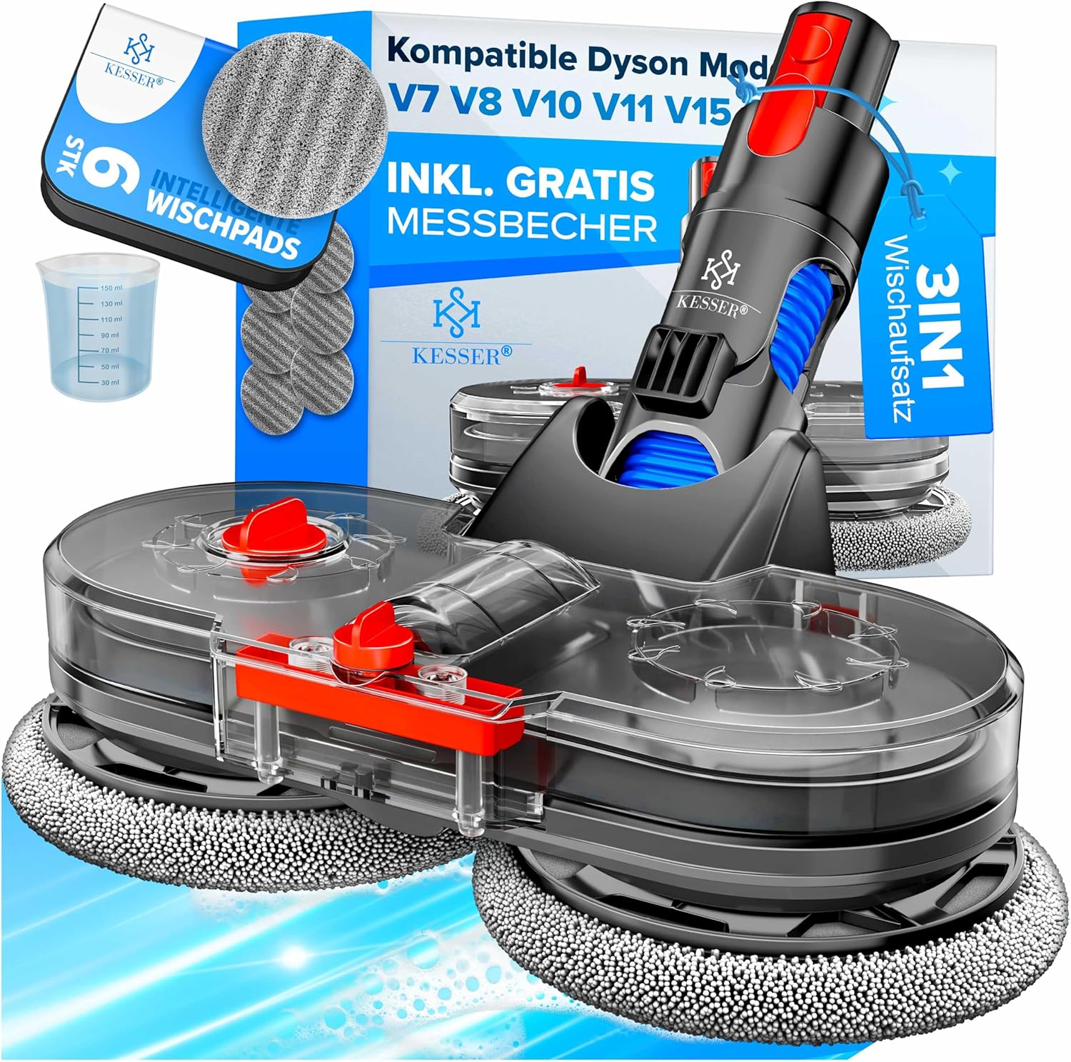 KESSER® Wischaufsatz kompatibel mit V7/V8/V10/V11/V15 Staubsauger Zubehör Aufsätze | Wischmopp Aufsatz inkl. Füllbehälter, Wassertank & 6 waschbaren Mops| Bodenwischaufsatz für Glatte Böden