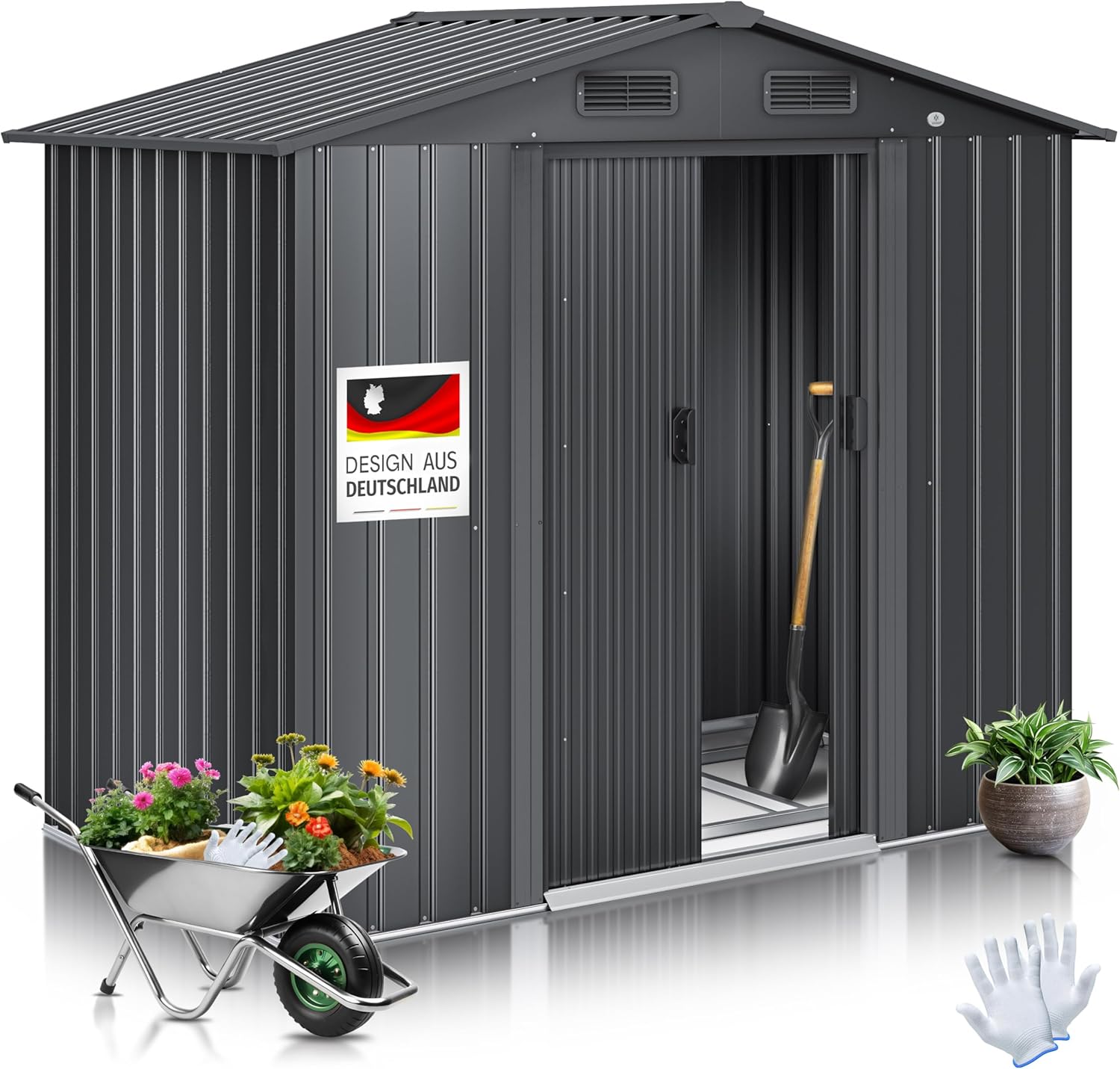 KESSER® XL Metall Gerätehaus 4,2m3 mit Fundament | Inkl. Arbeitshandschuhe | 195x131x186cm | 2X Schiebetür & Fundament | Geräteschuppen | Gartenhaus Schrank | Satteldachdach Garten Schuppen Anthrazit