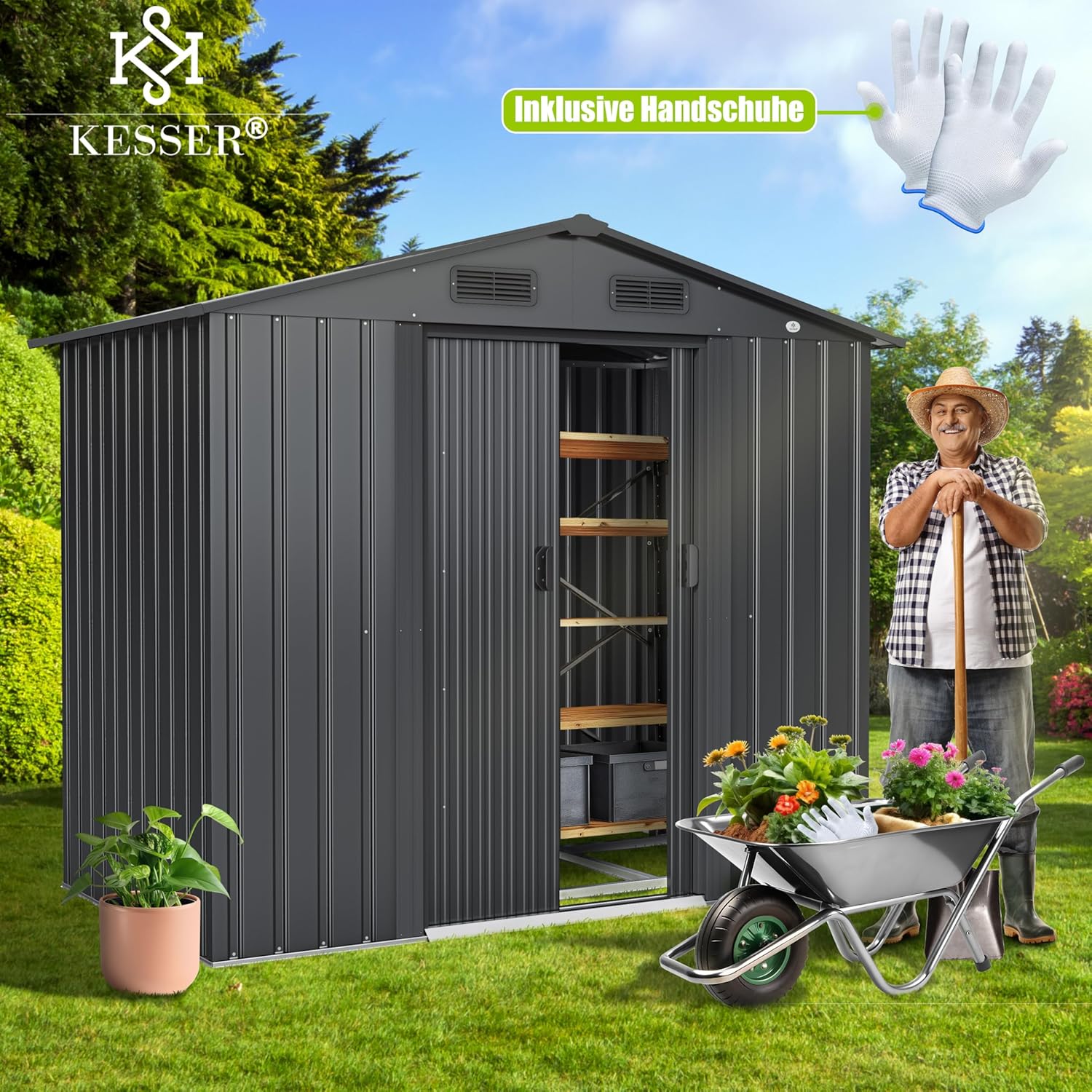 KESSER® XL Metall Gerätehaus 4,2m3 mit Fundament | Inkl. Arbeitshandschuhe | 195x131x186cm | 2X Schiebetür & Fundament | Geräteschuppen | Gartenhaus Schrank | Satteldachdach Garten Schuppen Anthrazit — Ansicht 5