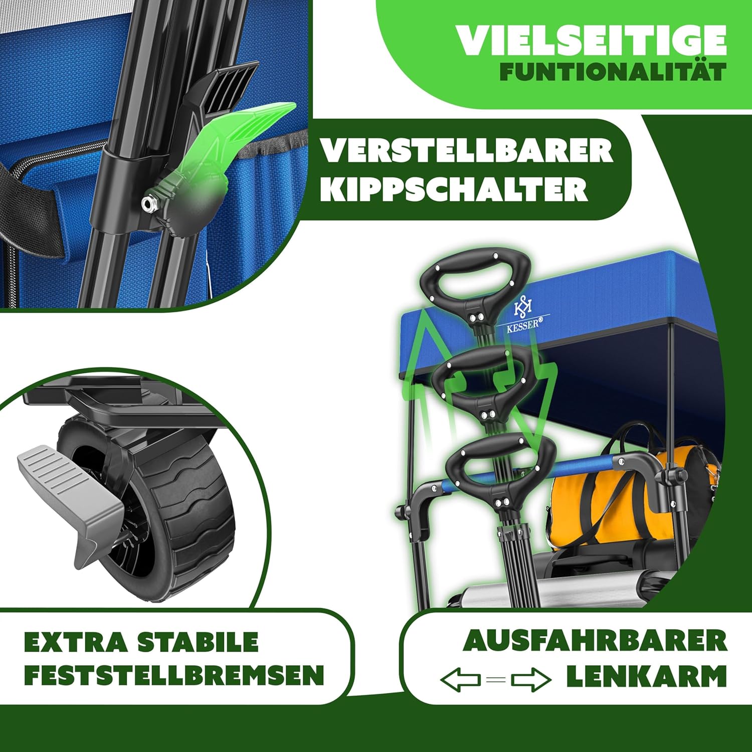 KESSER® XXL Bollerwagen faltbar mit Dach GT9000, klappbarer Handwagen bis 150 kg für Kinder, Strand, Camping & Garten, großer Transportwagen mit Hartgummi Rädern, Bremsen vorne & hinten + Tragetasche — Ansicht 5