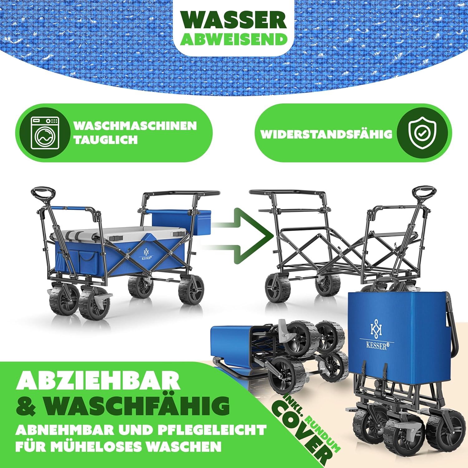 KESSER® XXL Bollerwagen faltbar mit Dach GT9000, klappbarer Handwagen bis 150 kg für Kinder, Strand, Camping & Garten, großer Transportwagen mit Hartgummi Rädern, Bremsen vorne & hinten + Tragetasche — Ansicht 6