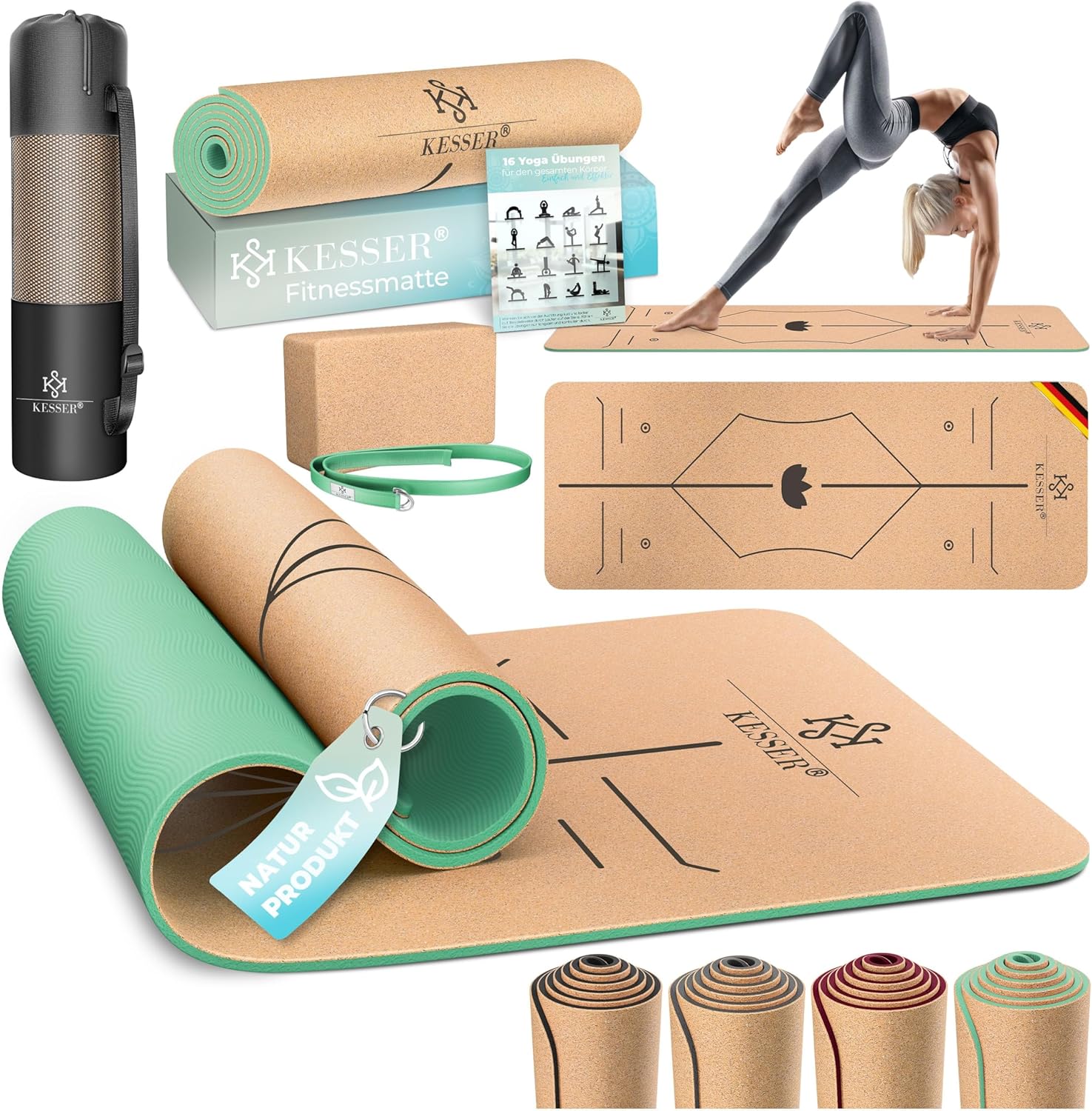 KESSER® Yogamatte Kork Inkl. Tragegurt Tasche & Block Gymnastikmatte - Matte rutschfest aus Naturkautschuk TPE Fitnessmatte, 183 x 62 Trainingsmatte für Fitness Sportmatte, Gymnastik extradick