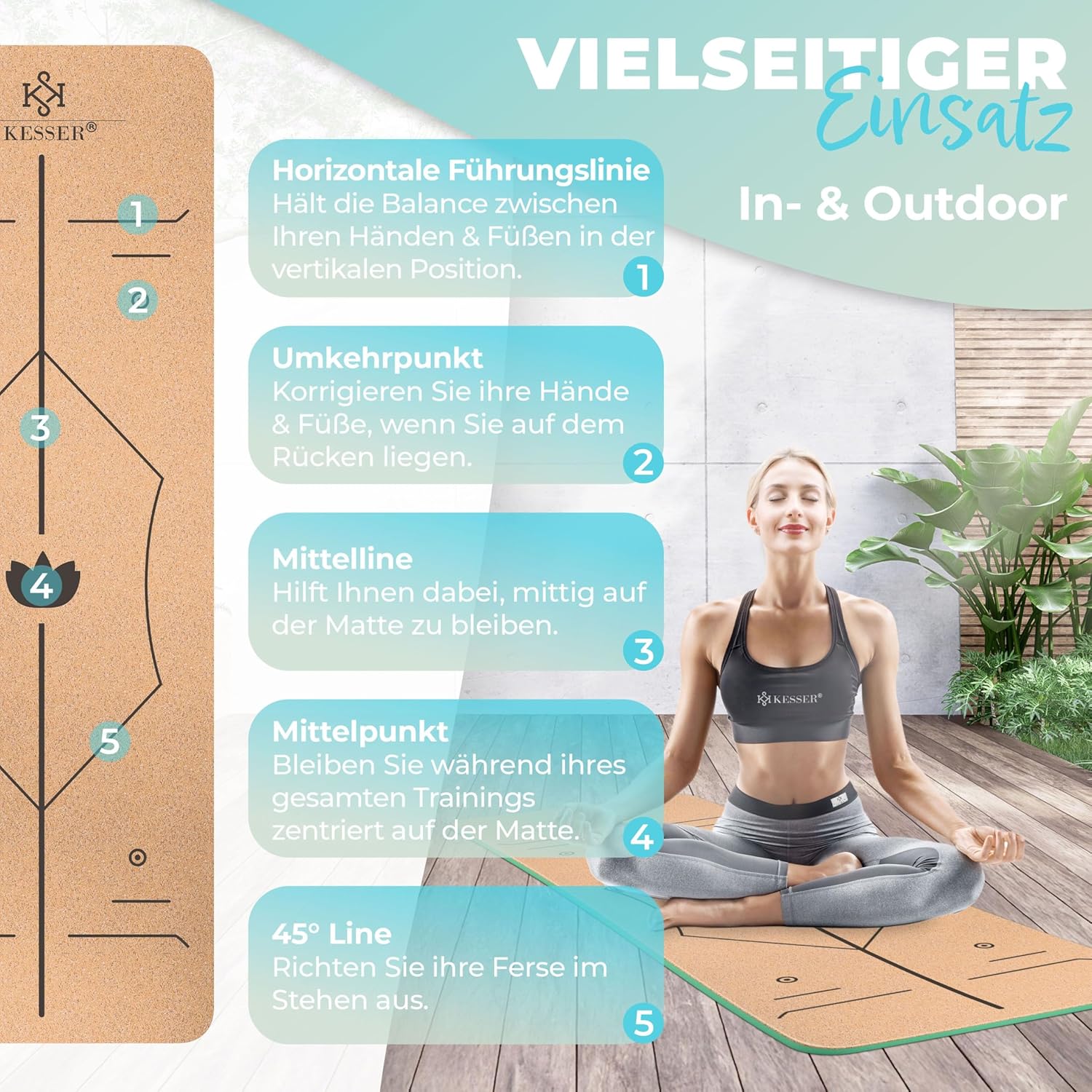 KESSER® Yogamatte Kork Inkl. Tragegurt Tasche & Block Gymnastikmatte - Matte rutschfest aus Naturkautschuk TPE Fitnessmatte, 183 x 62 Trainingsmatte für Fitness Sportmatte, Gymnastik extradick — Ansicht 6