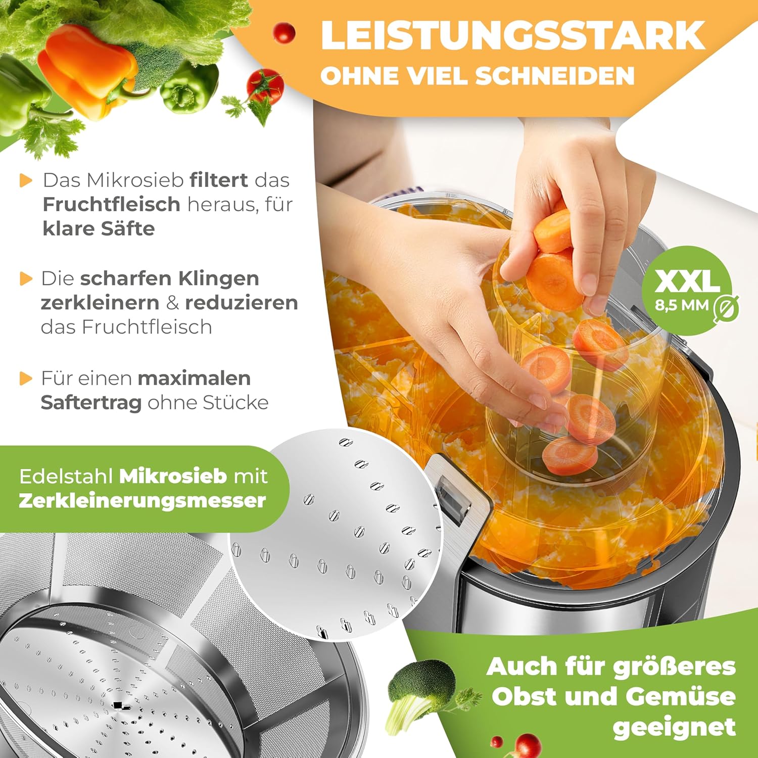 KESSER® Zentrifuge Entsafter für Obst | Gemüse aus Edelstahl 1100W, große Fütterungsröhre, 3 Stufen, Elektrische Zentrifugal Saftpresse Juicer + Bürste, Saftbehälter, Rezeptbuch, Grau/Silber — Ansicht 4