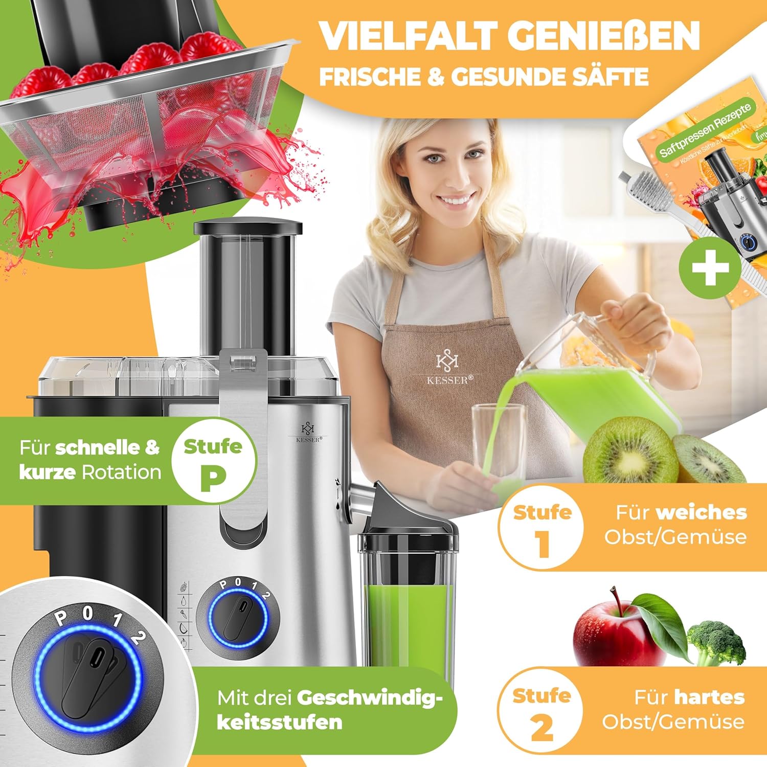 KESSER® Zentrifuge Entsafter für Obst | Gemüse aus Edelstahl 1100W, große Fütterungsröhre, 3 Stufen, Elektrische Zentrifugal Saftpresse Juicer + Bürste, Saftbehälter, Rezeptbuch, Grau/Silber — Ansicht 5