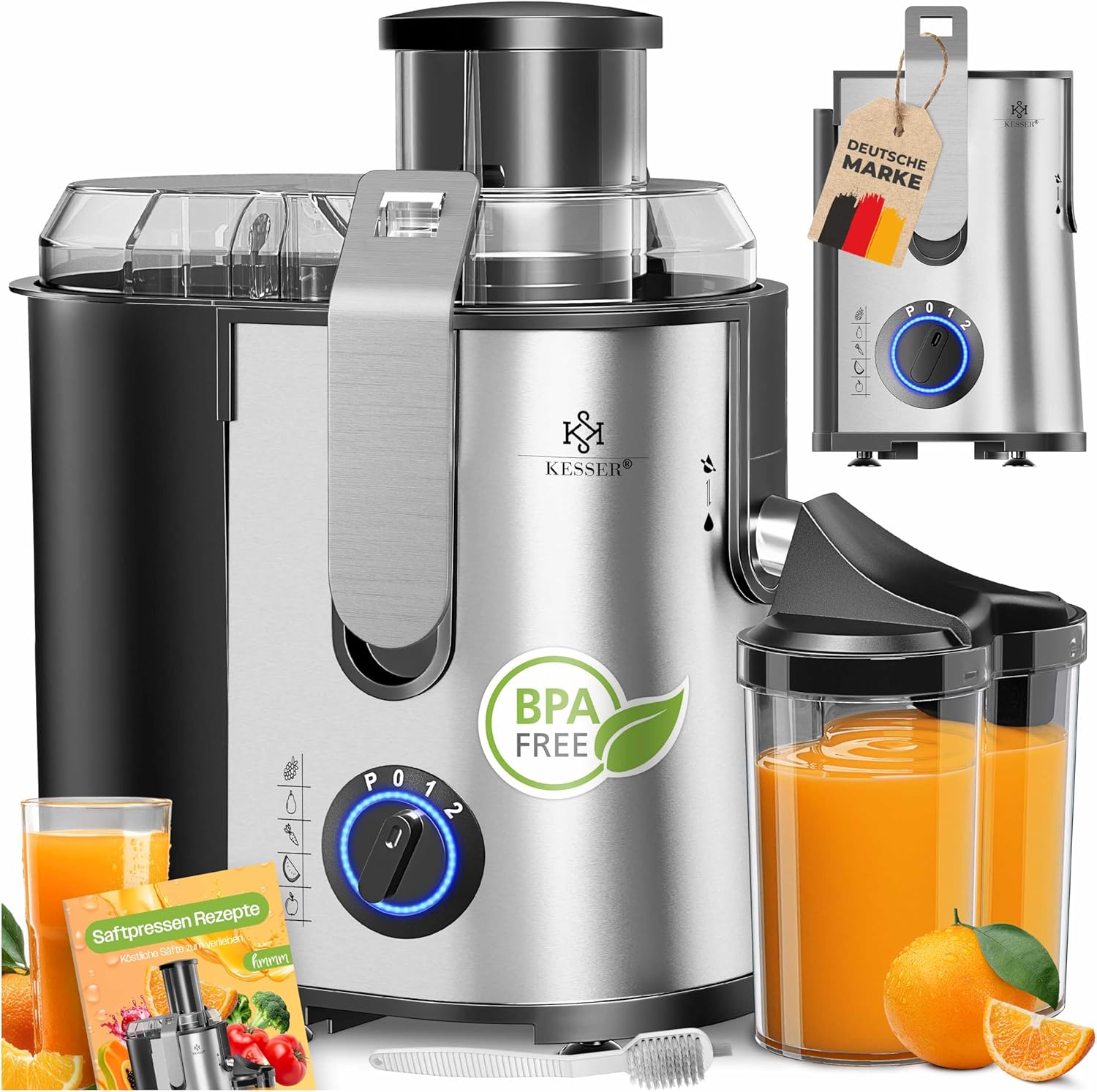 KESSER® Zentrifuge Entsafter für Obst | Gemüse aus Edelstahl 1100W, große Fütterungsröhre, 3 Stufen, Elektrische Zentrifugal Saftpresse Juicer + Bürste, Saftbehälter, Rezeptbuch, Grau/Silber