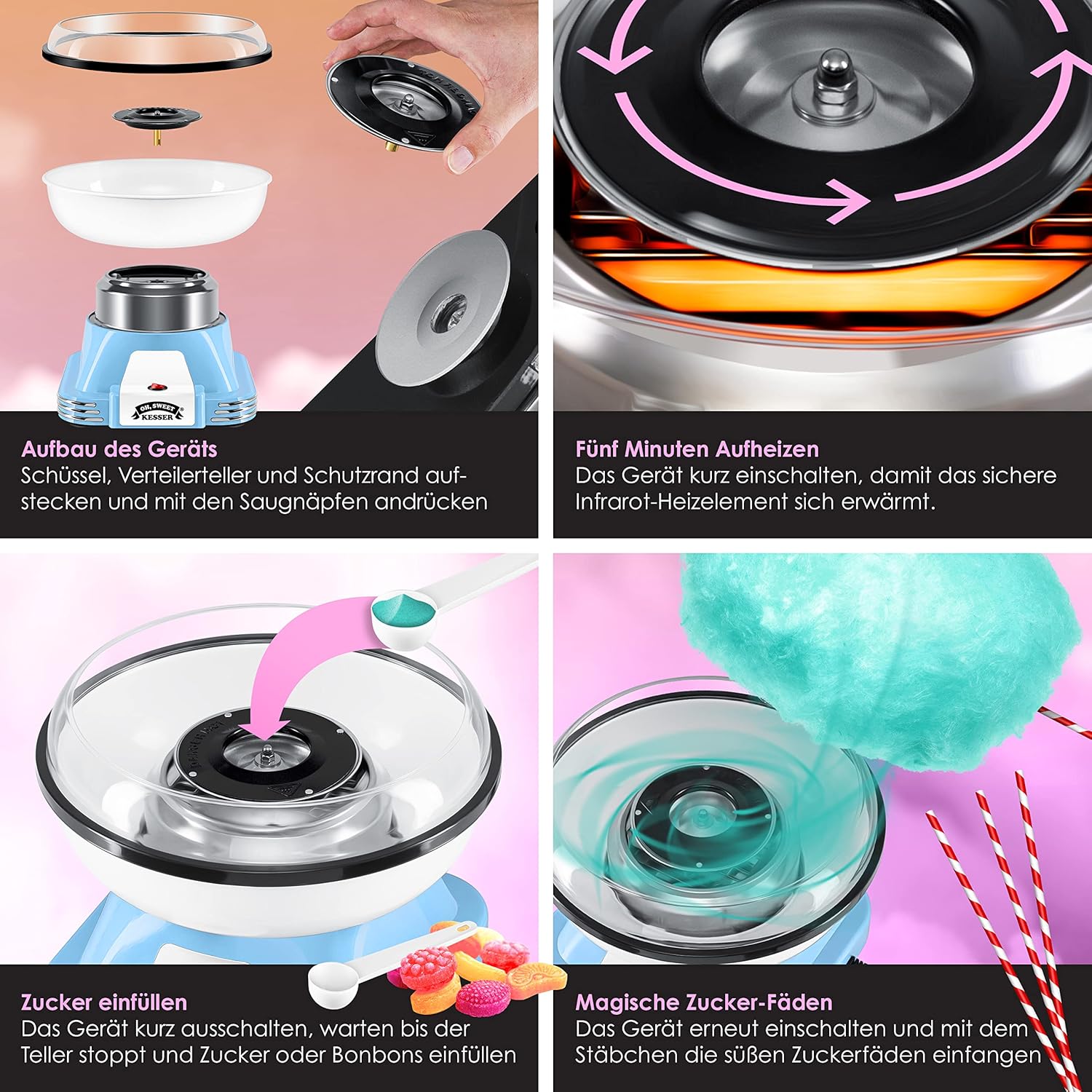 KESSER® Zuckerwattemaschine Set für Dein zuhause - Mit 30x Zuckerwatte Stäbchen & Messlöffel - Retro Cotton Candy Machine - Zuckerwatte Maschine Mit Zubehör - Höhe 22 cm - 500 W Blau Weiß — Ansicht 3