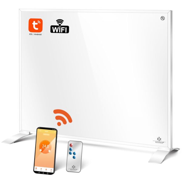 Ein weißes WiFi-fähiges intelligentes Heizpaneel wird mit einem Smartphone gezeigt, das eine Temperatur-App und eine Fernbedienung anzeigt.