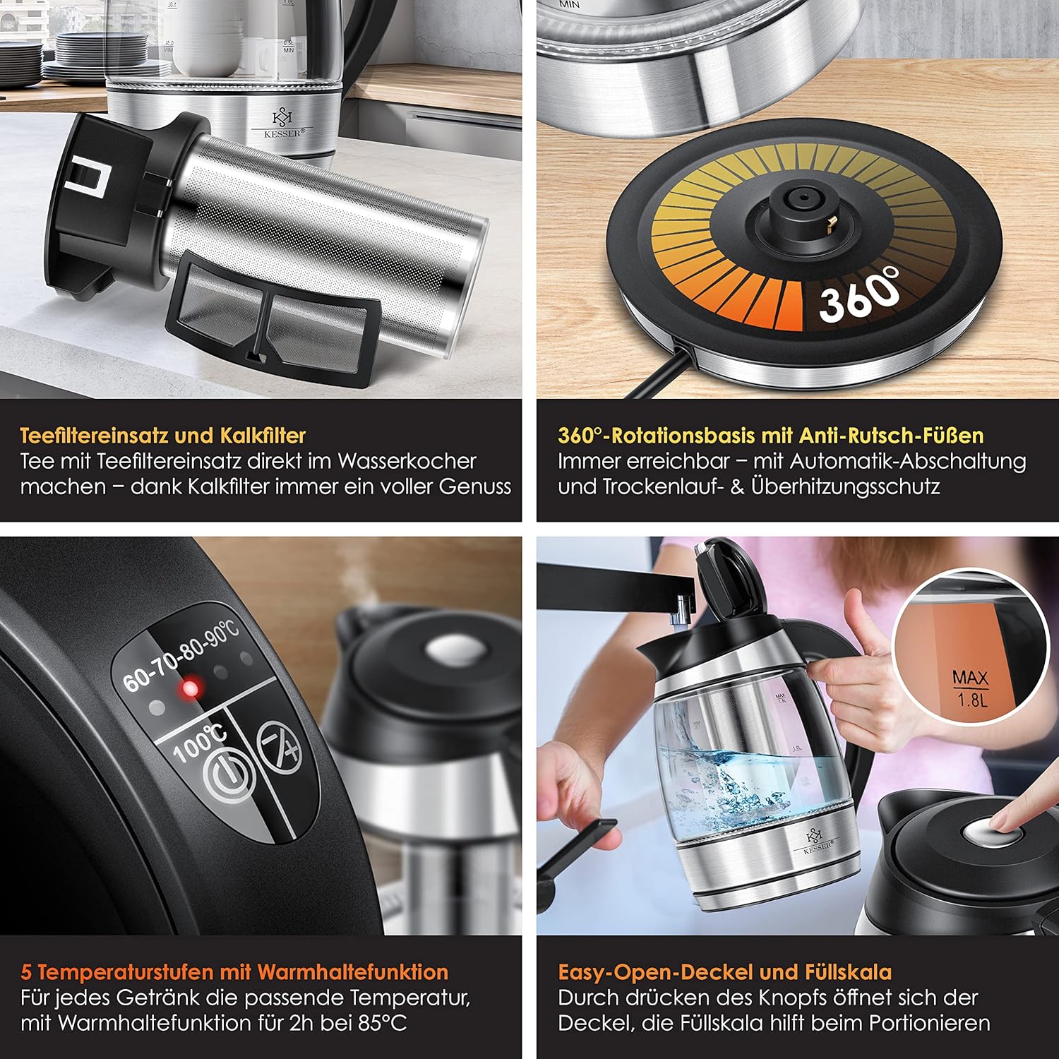 Kesser 1,8 L Edelstahl‑Glas‑Wasserkessel mit Teesieb, Limeschichtfilter & LED‑Temperaturlicht