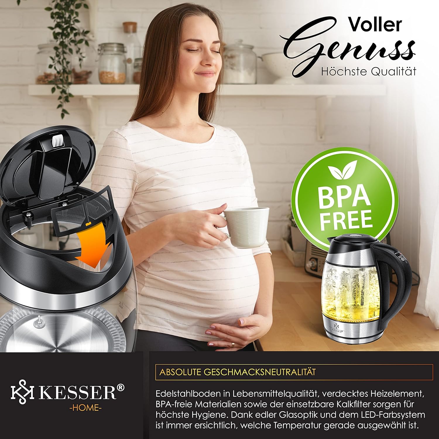 Kesser 1,8 L Edelstahl‑Glas‑Wasserkessel mit Teesieb, Limeschichtfilter & LED‑Temperaturlicht