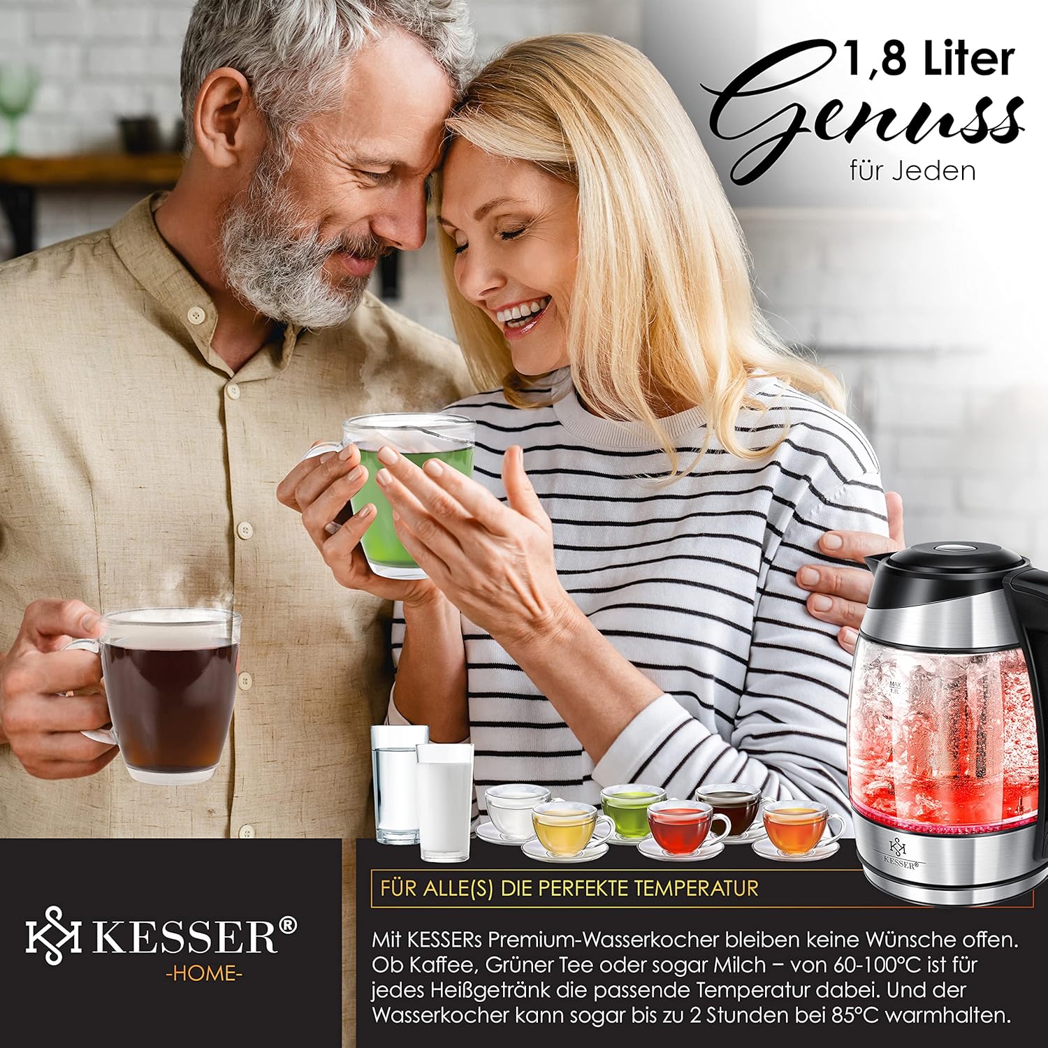 Kesser 1,8 L Edelstahl‑Glas‑Wasserkessel mit Teesieb, Limeschichtfilter & LED‑Temperaturlicht