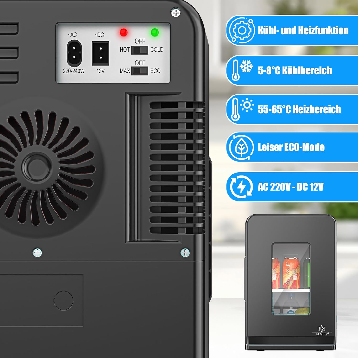 KESSER® 2‑in‑1 Mini‑Kühlschrank 15 L – Kühl & Warm, AC/DC 220‑240 V/12 V