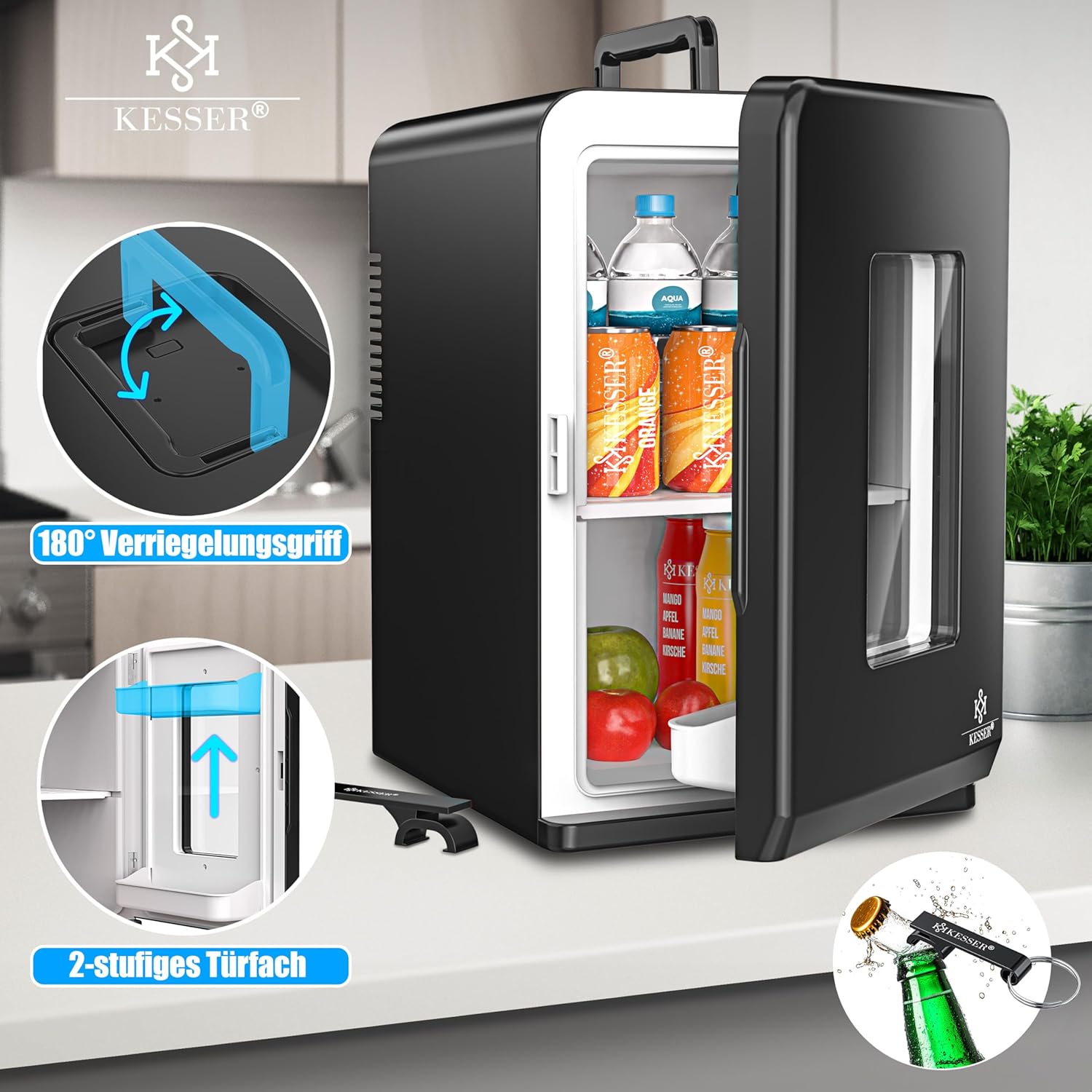 KESSER® 2‑in‑1 Mini‑Kühlschrank 15 L – Kühl & Warm, AC/DC 220‑240 V/12 V