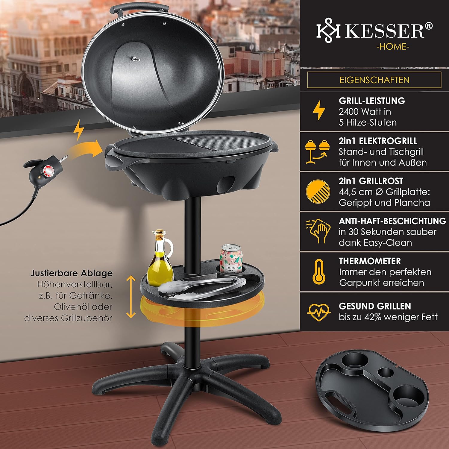KESSER® 2‑in‑1 Tischgrill 2400 W, Thermometer, Antihaft, XXL‑Belag