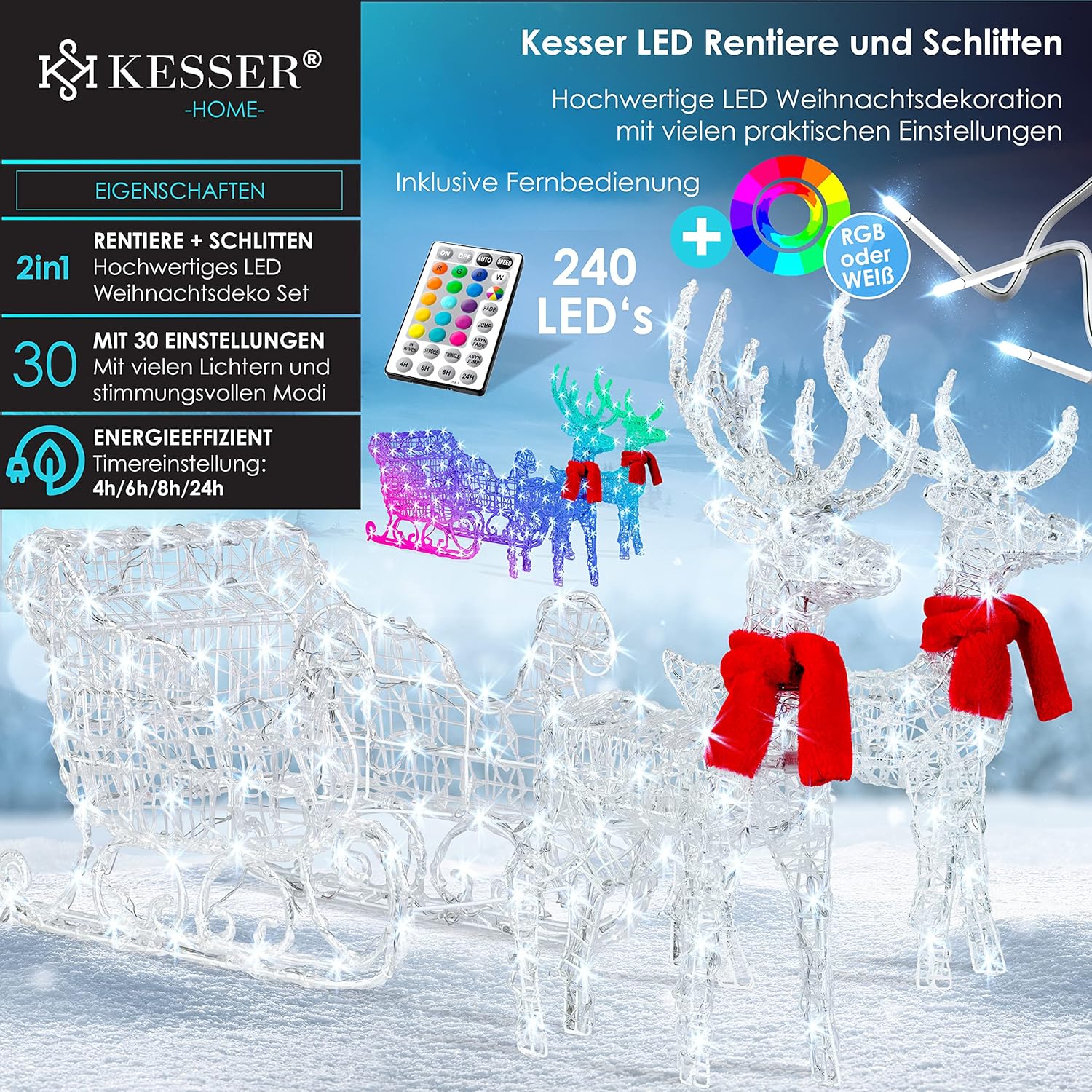 KESSER® 240 LED Rentier mit Schlitten, Fernbedienung, 30 Funktionen, Outdoor 24h Timer