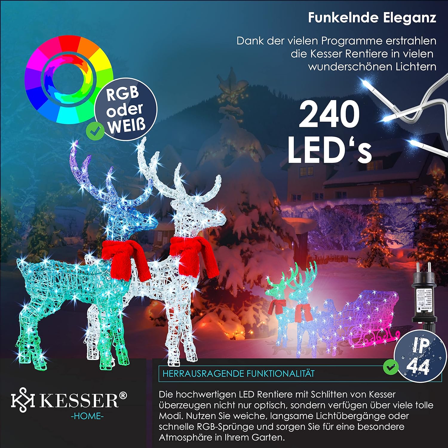 KESSER® 240 LED Rentier mit Schlitten, Fernbedienung, 30 Funktionen, Outdoor 24h Timer