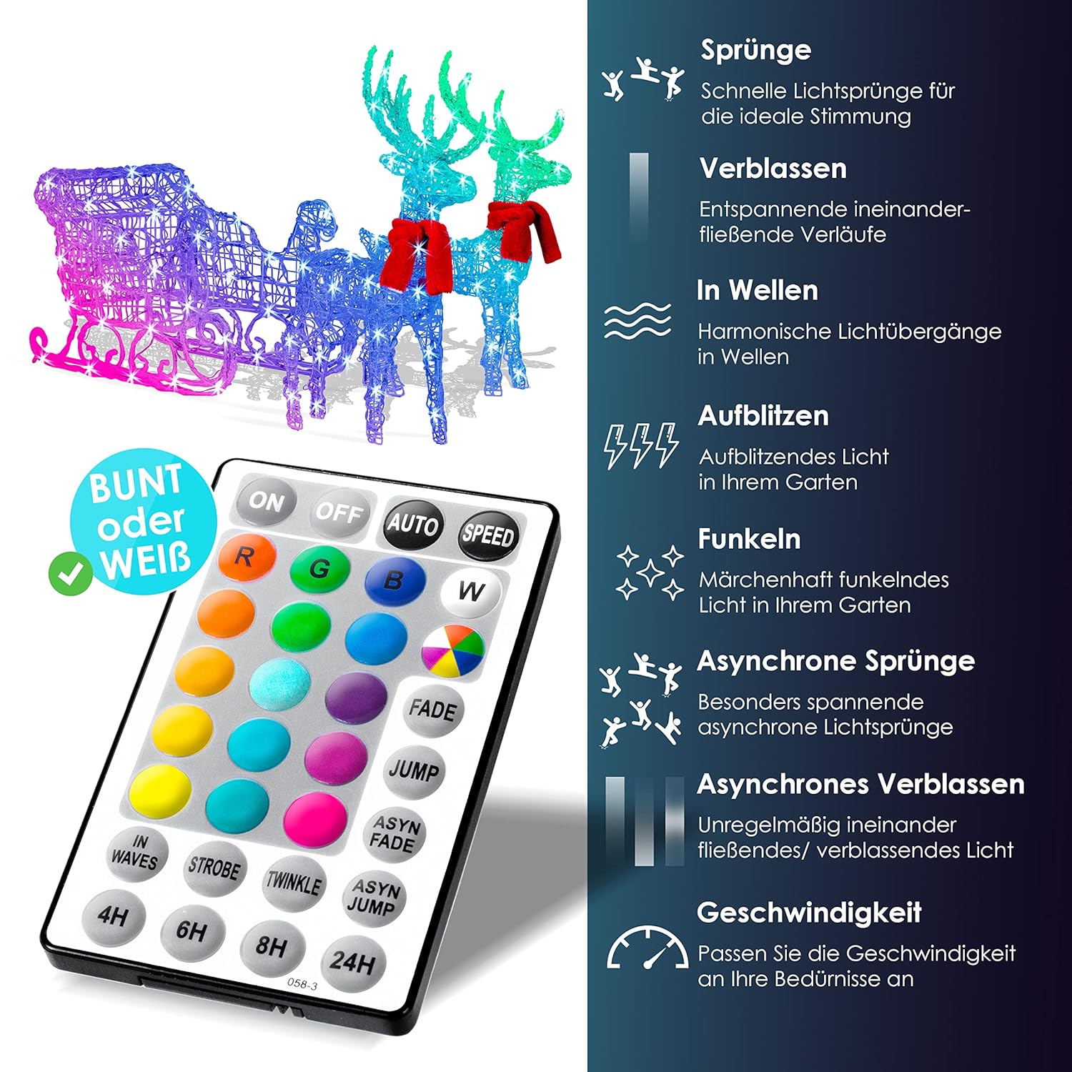 KESSER® 240 LED Rentier mit Schlitten, Fernbedienung, 30 Funktionen, Outdoor 24h Timer