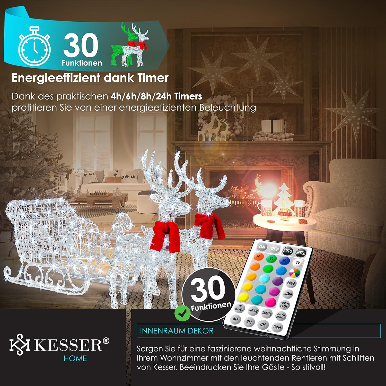 KESSER® 240 LED Rentier mit Schlitten, Fernbedienung, 30 Funktionen, Outdoor 24h Timer