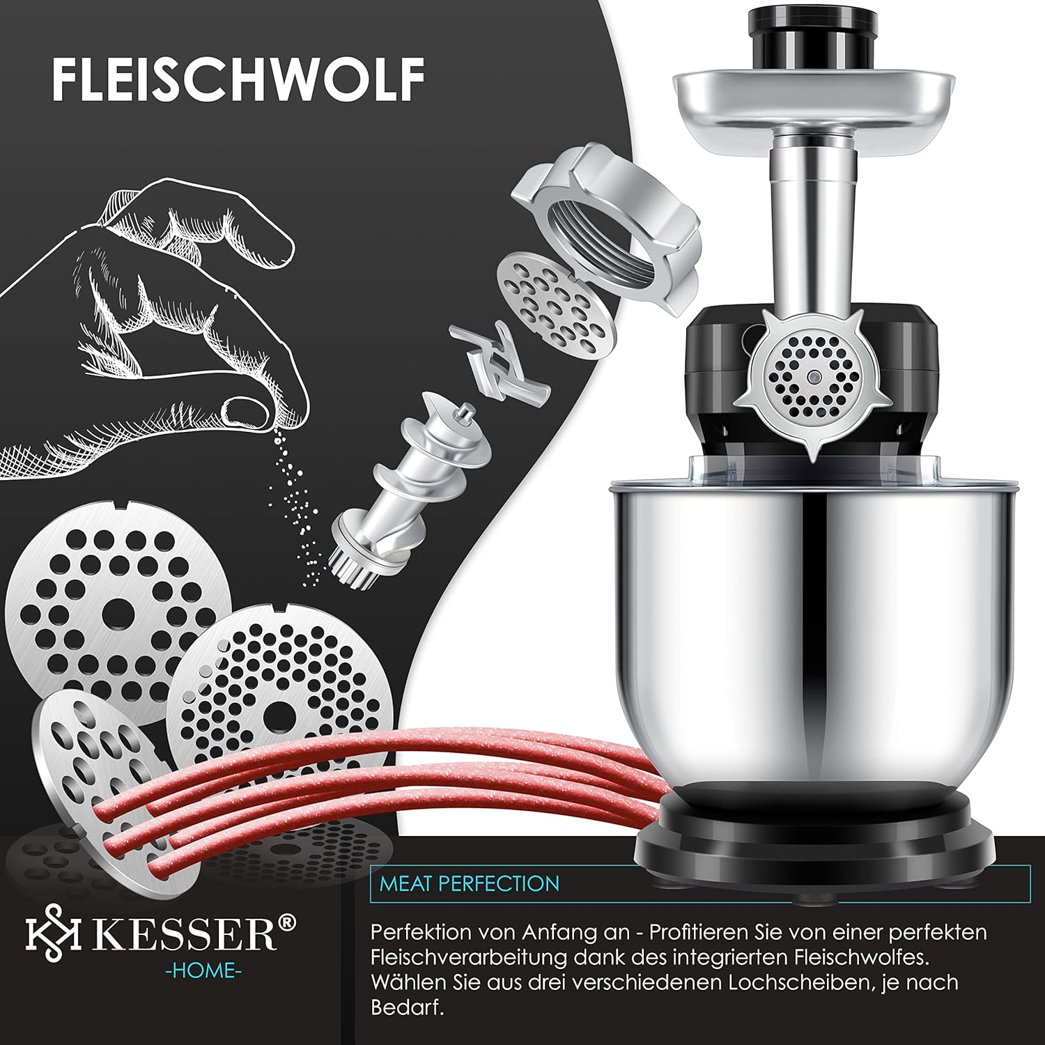 KESSER 3‑in‑1 Food Processor K‑KM 3000: Mixen, Kneten, Hacken – 5,5 L Schüssel, 1,5 L Entsafter