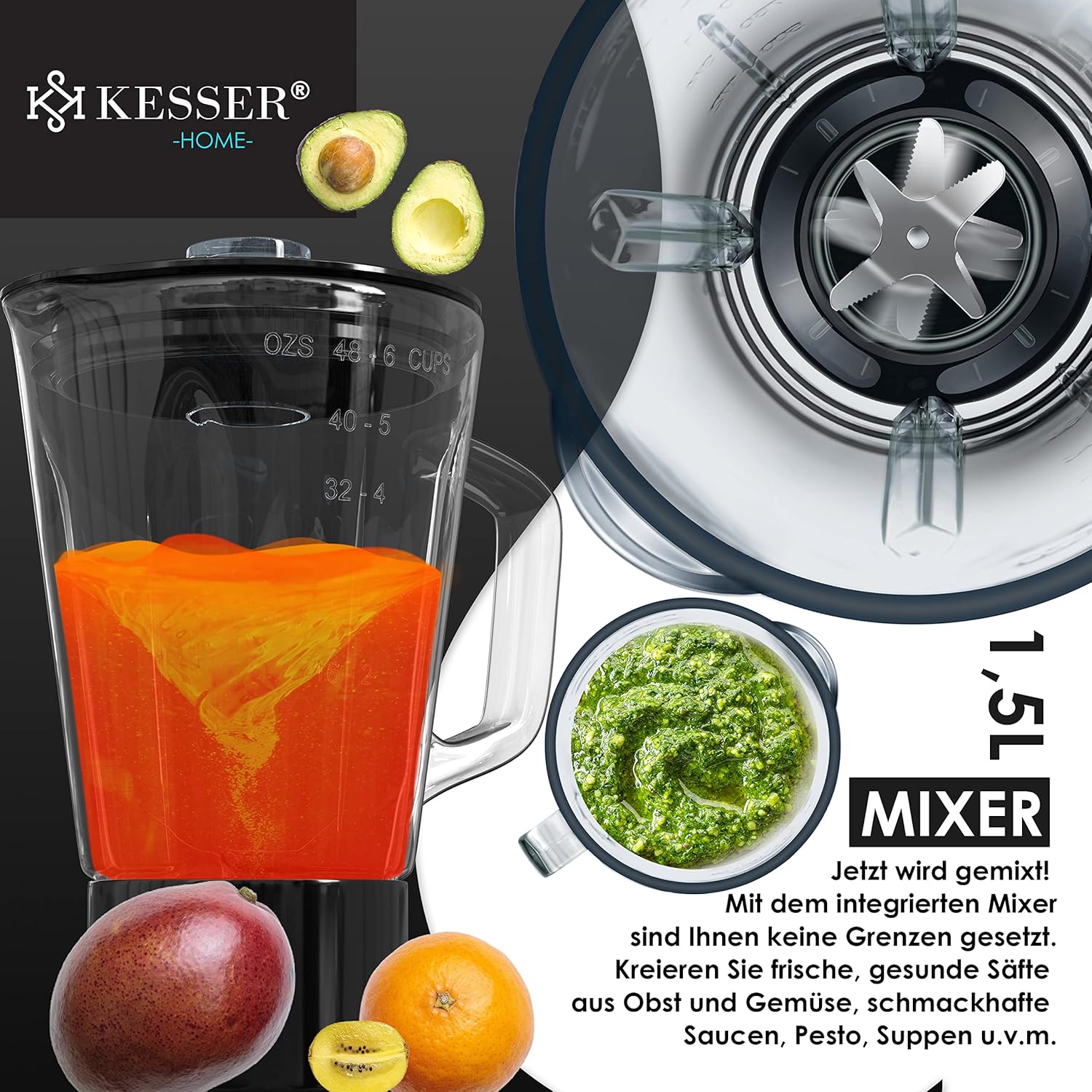 KESSER 3‑in‑1 Food Processor K‑KM 3000: Mixen, Kneten, Hacken – 5,5 L Schüssel, 1,5 L Entsafter