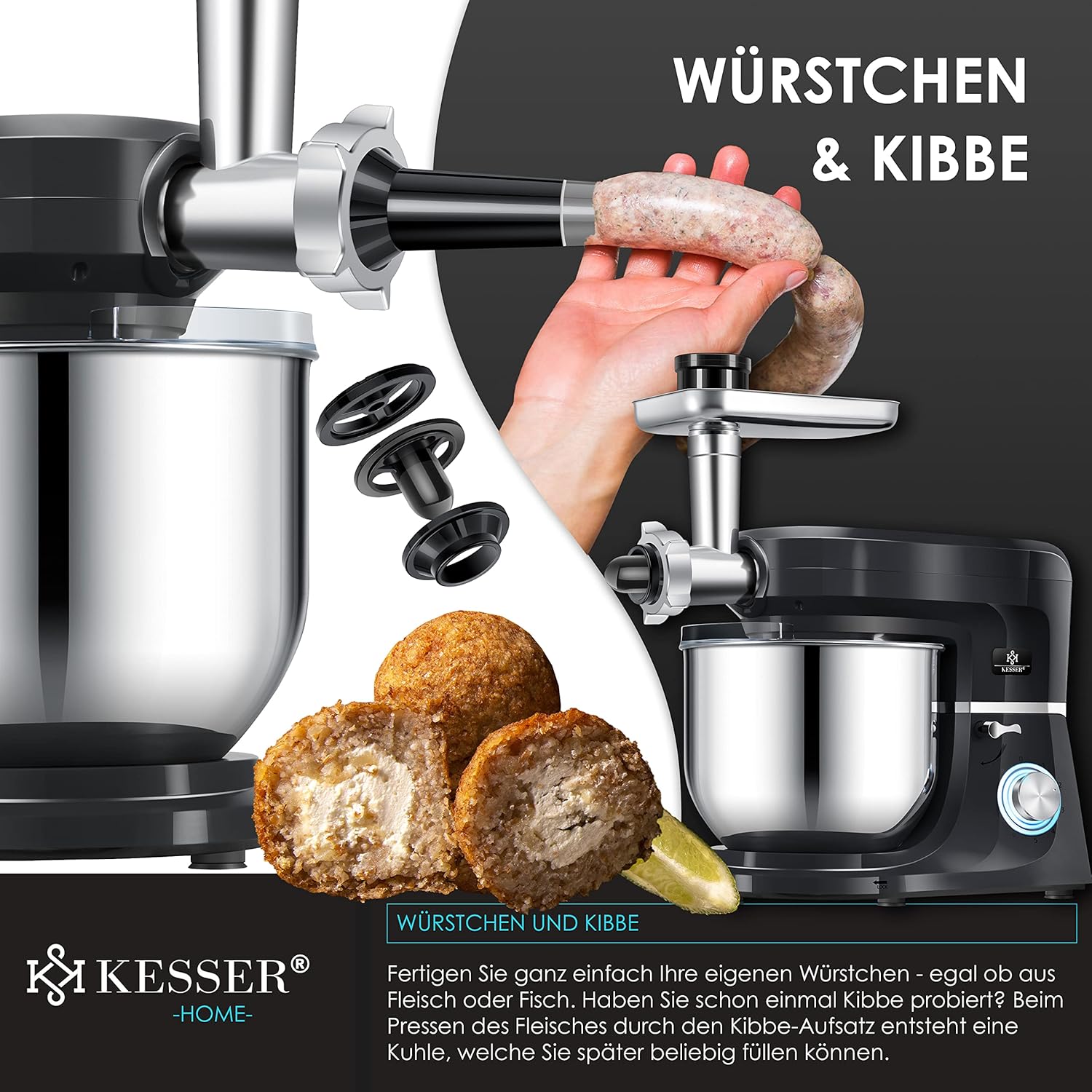 KESSER 3‑in‑1 Food Processor K‑KM 3000: Mixen, Kneten, Hacken – 5,5 L Schüssel, 1,5 L Entsafter