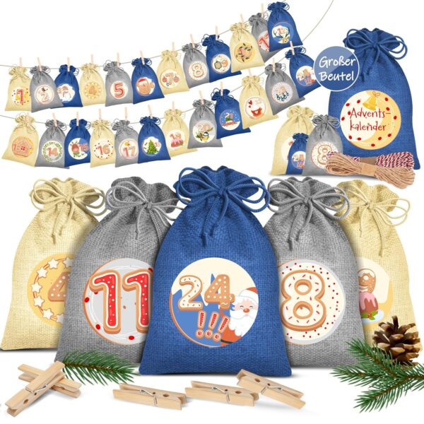 Kesser® Adventskalender 24 Jutetaschen 20×12 cm, Etiketten + Aufbewahrungstasche