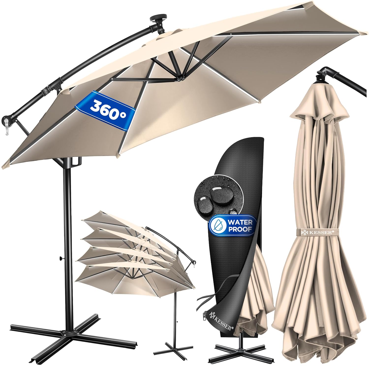 Kesser® Aluminium‑Klimmverdeck 300‑350 cm, LED‑Solarlicht, UV‑Schutz, Drehverriegelung