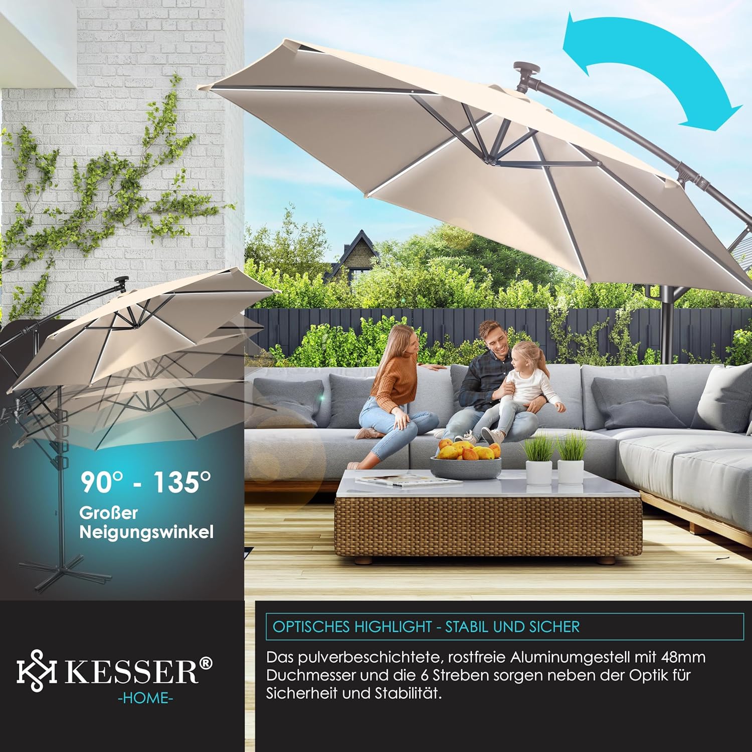 Kesser® Aluminium‑Klimmverdeck 300‑350 cm, LED‑Solarlicht, UV‑Schutz, Drehverriegelung