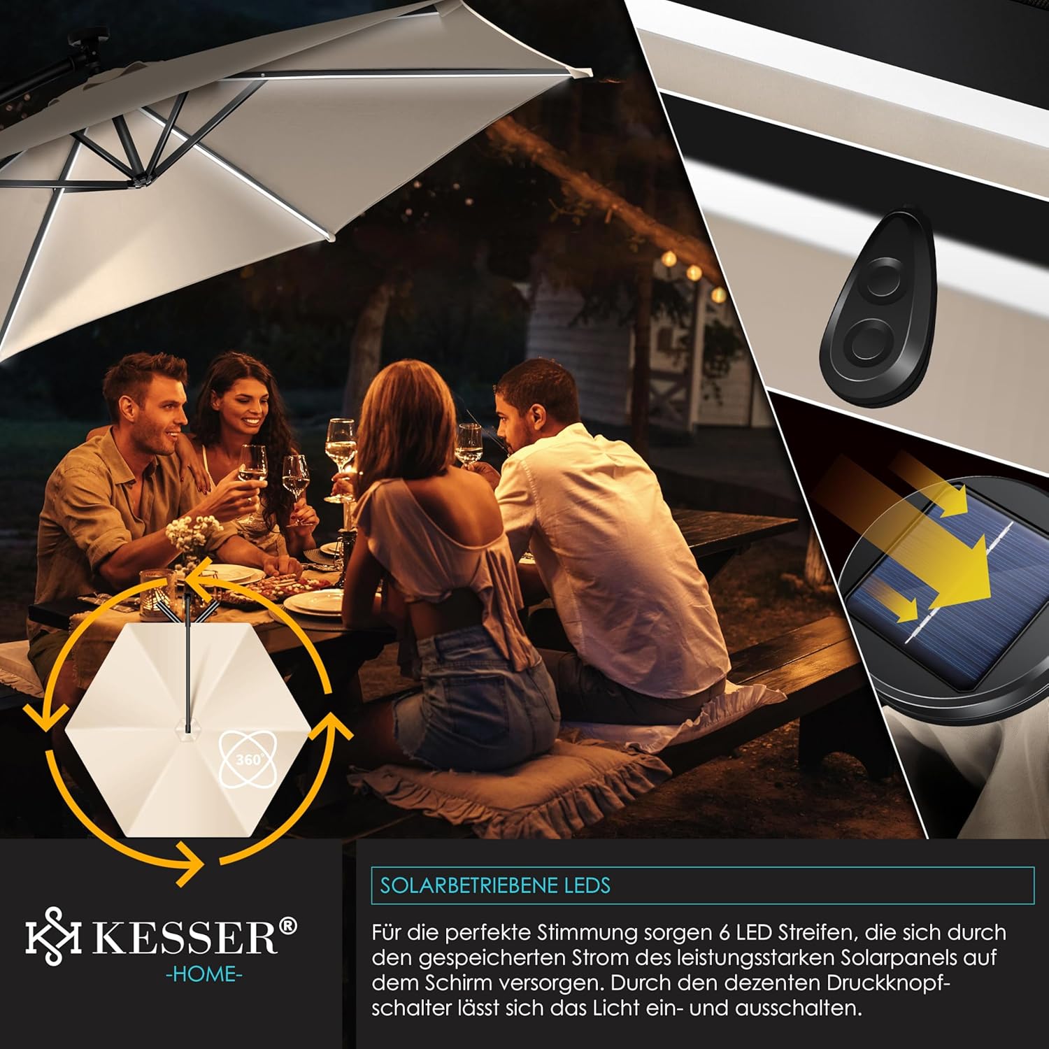 Kesser® Aluminium‑Klimmverdeck 300‑350 cm, LED‑Solarlicht, UV‑Schutz, Drehverriegelung