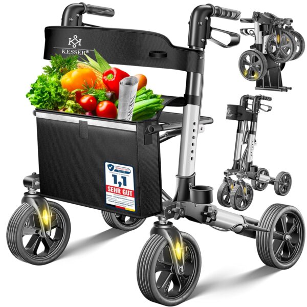 Kesser Aluminium Rollator: leicht, 3‑Wege klappbar, höhenverstellbar – Auto & Reise