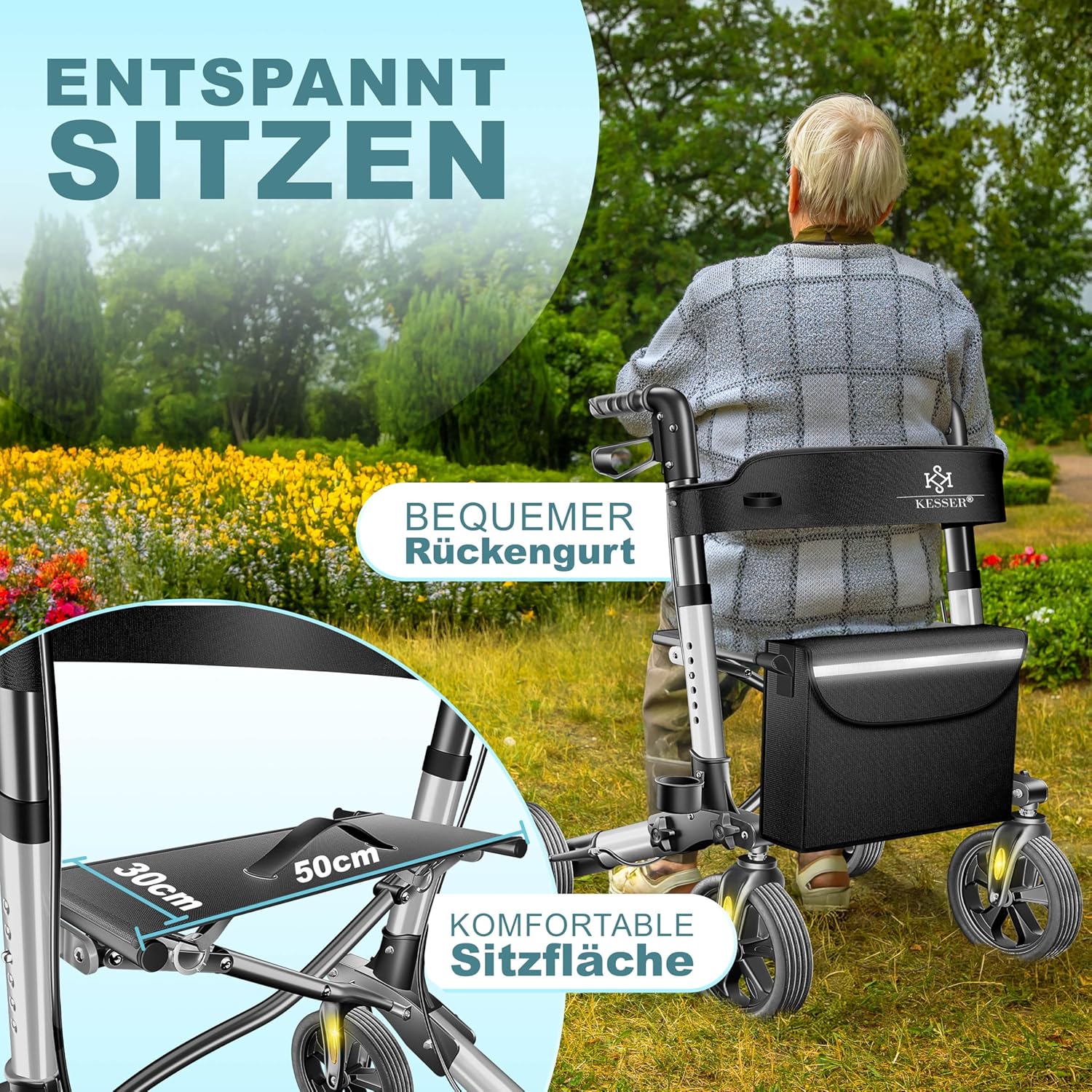 Kesser Aluminium Rollator: leicht, 3‑Wege klappbar, höhenverstellbar – Auto & Reise
