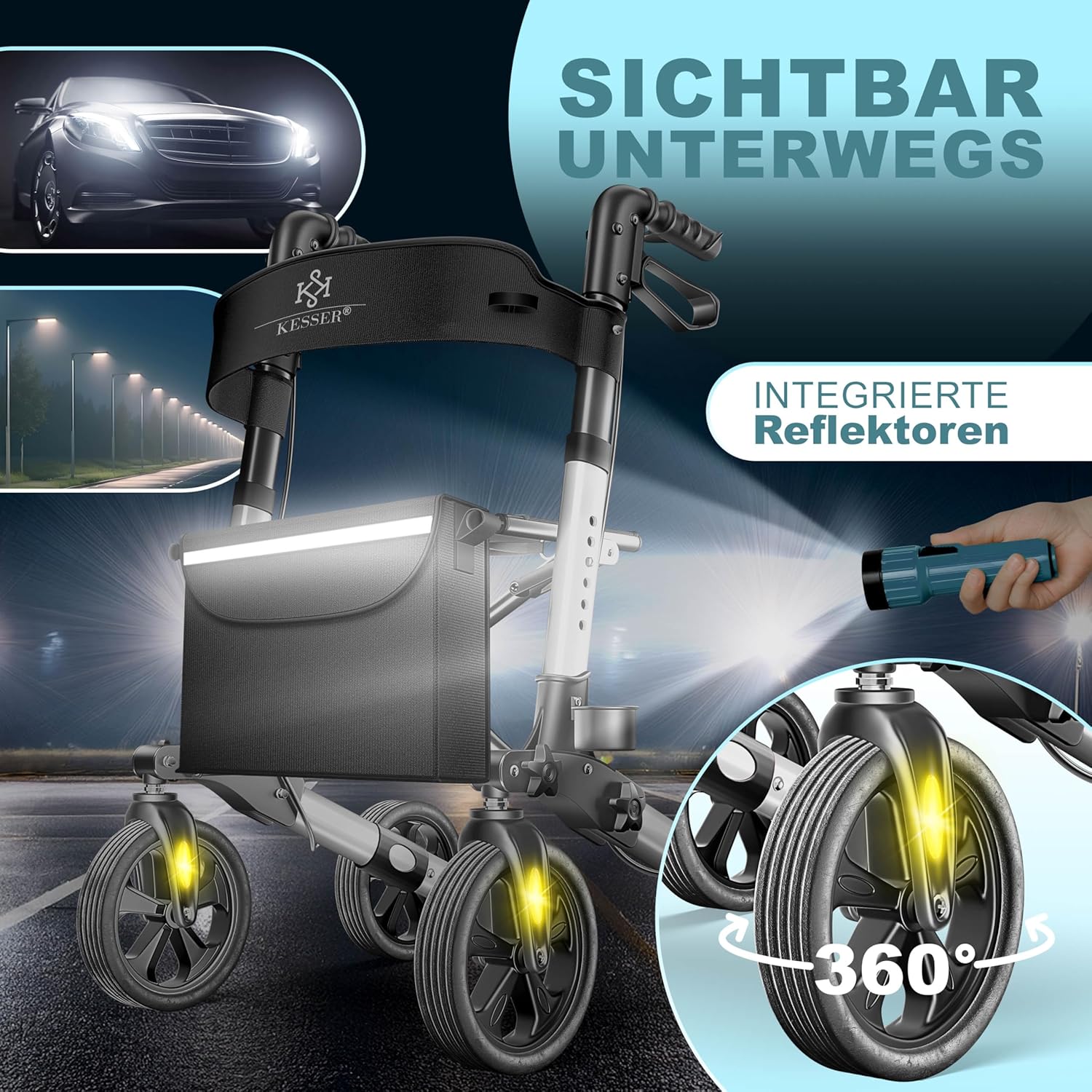 Kesser Aluminium Rollator: leicht, 3‑Wege klappbar, höhenverstellbar – Auto & Reise