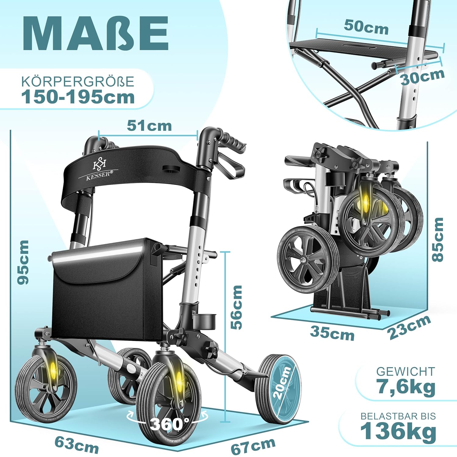 Kesser Aluminium Rollator: leicht, 3‑Wege klappbar, höhenverstellbar – Auto & Reise
