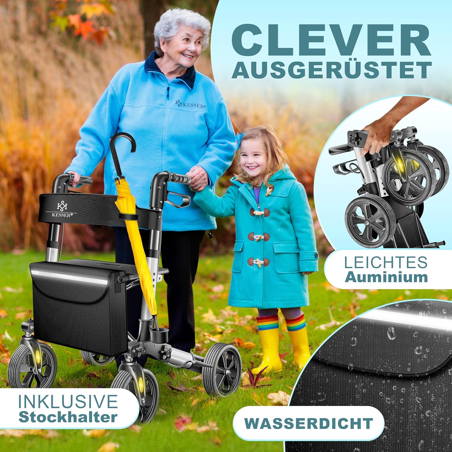 Kesser Aluminium Rollator: leicht, 3‑Wege klappbar, höhenverstellbar – Auto & Reise