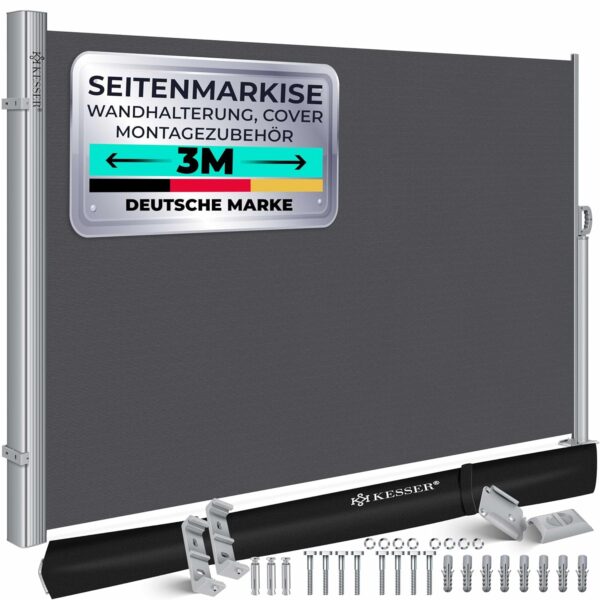 KESSER® Aluminium Seitenmarkise 300×200 cm, verstellbar, blickdicht, automatischer Rollauf