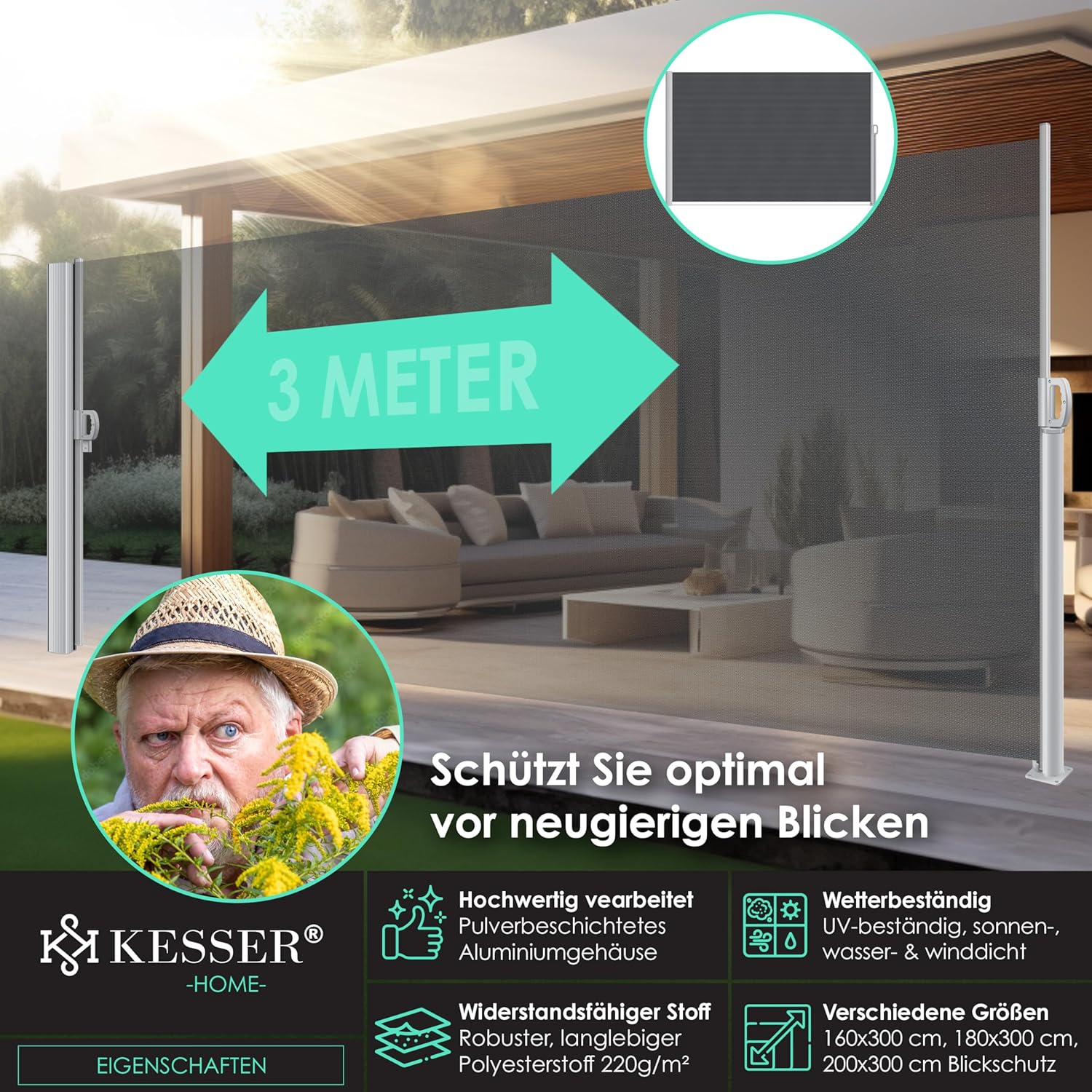 KESSER® Aluminium Seitenmarkise 300×200 cm, verstellbar, blickdicht, automatischer Rollauf