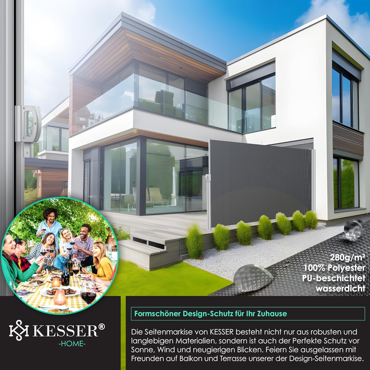 KESSER® Aluminium Seitenmarkise 300×200 cm, verstellbar, blickdicht, automatischer Rollauf